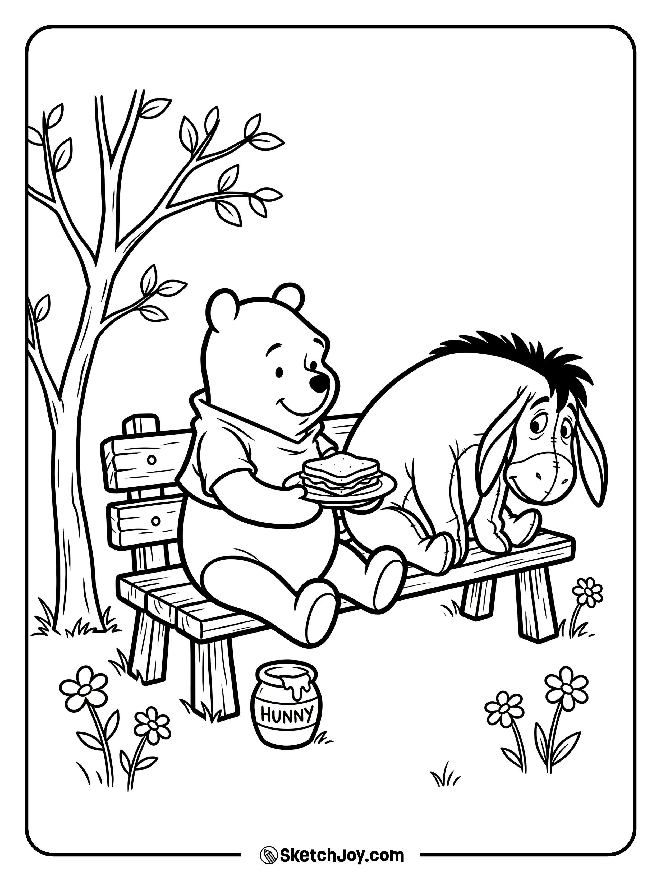 Pooh offers Eeyore a small honey sandwich on a bench.