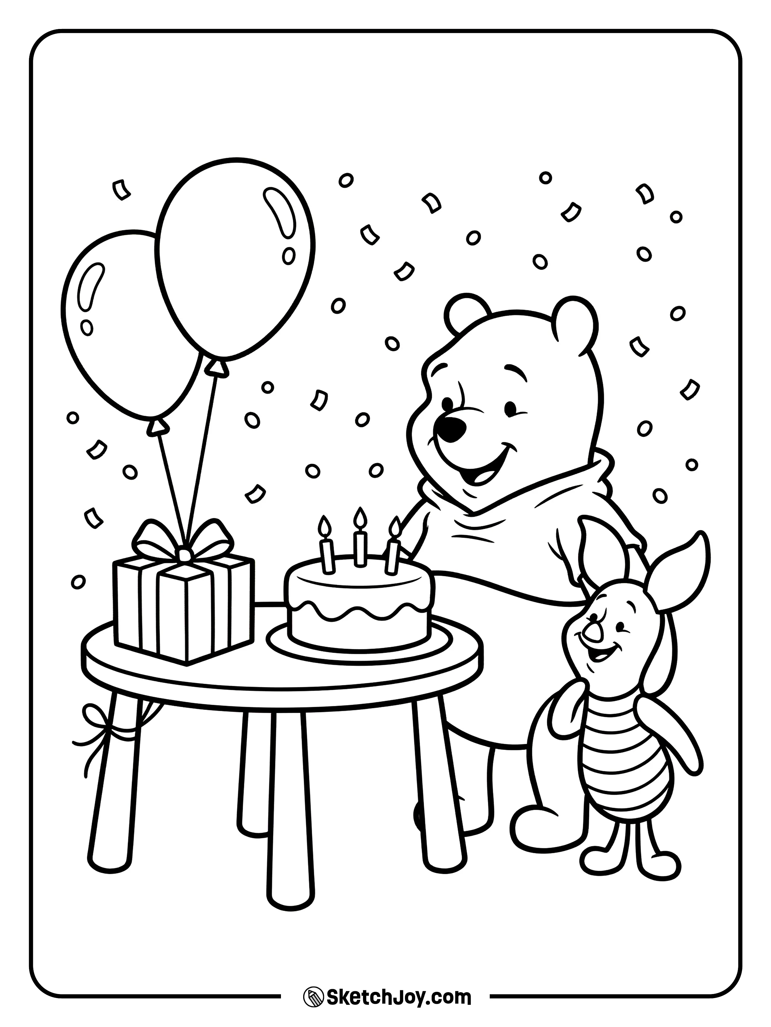 Pooh and Piglet stand by a cake with candles and a gift.