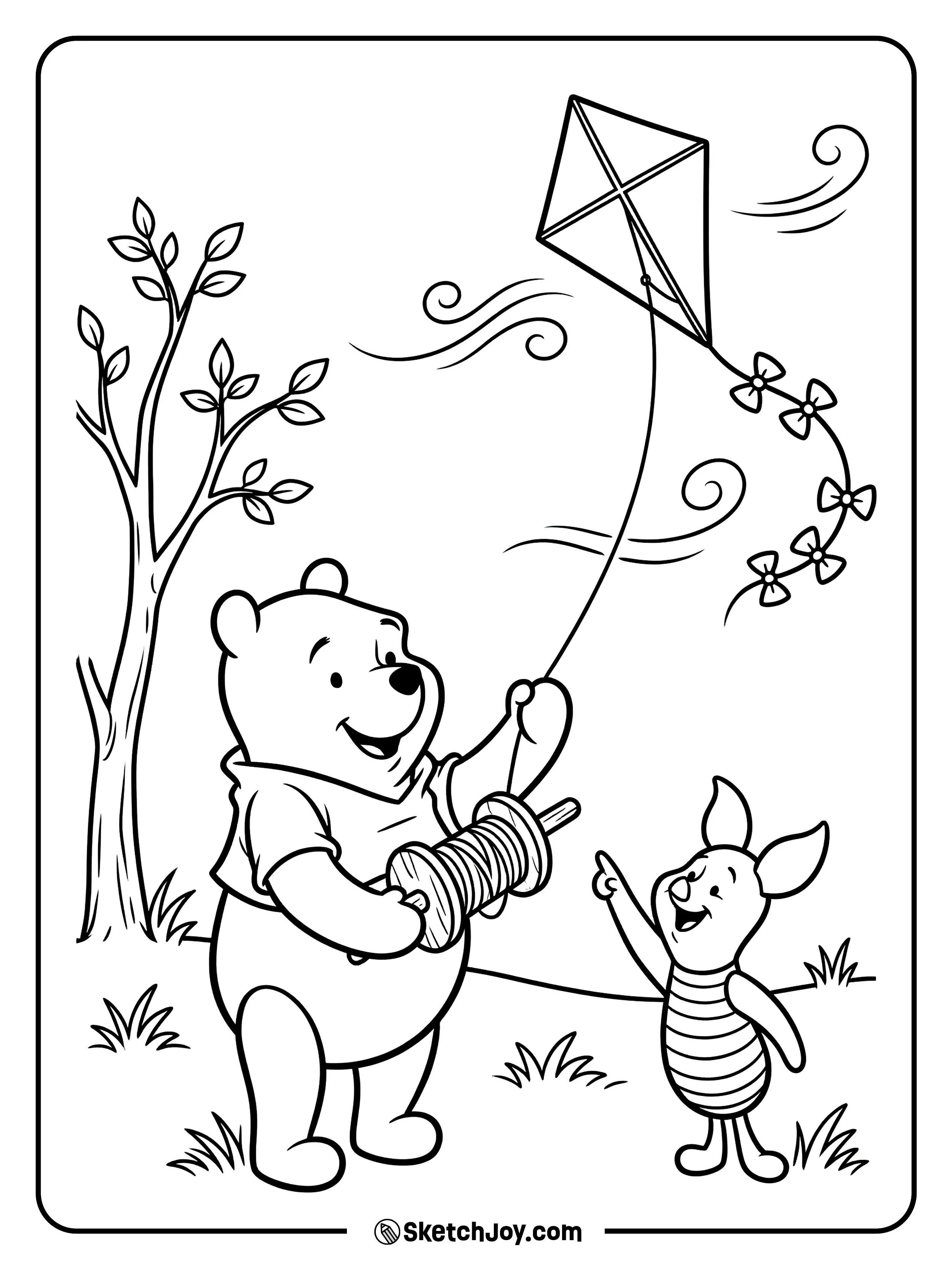 Pooh and Piglet fly a kite on a windy day.