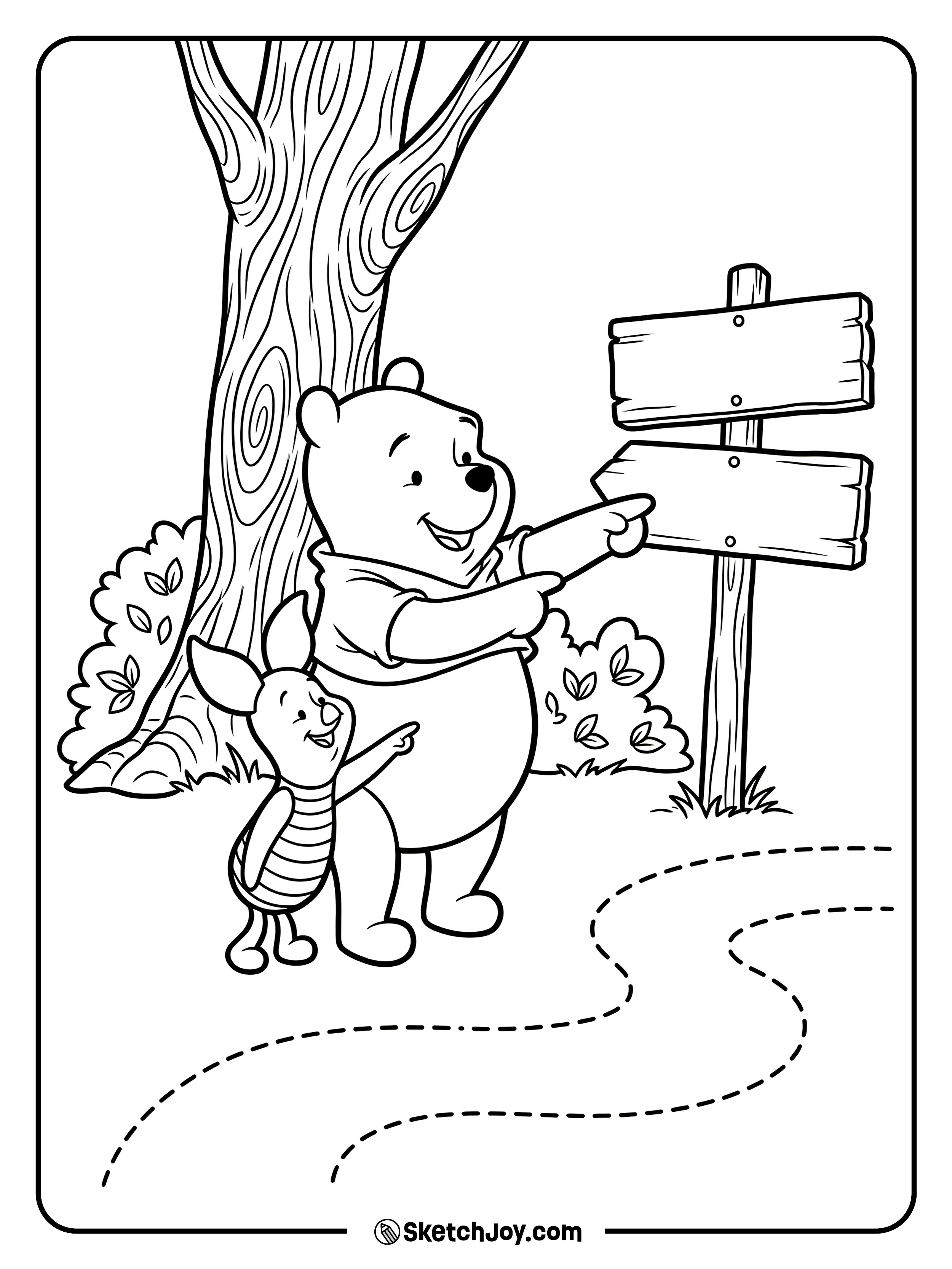 Pooh and Piglet look at a wooden signpost in the forest.