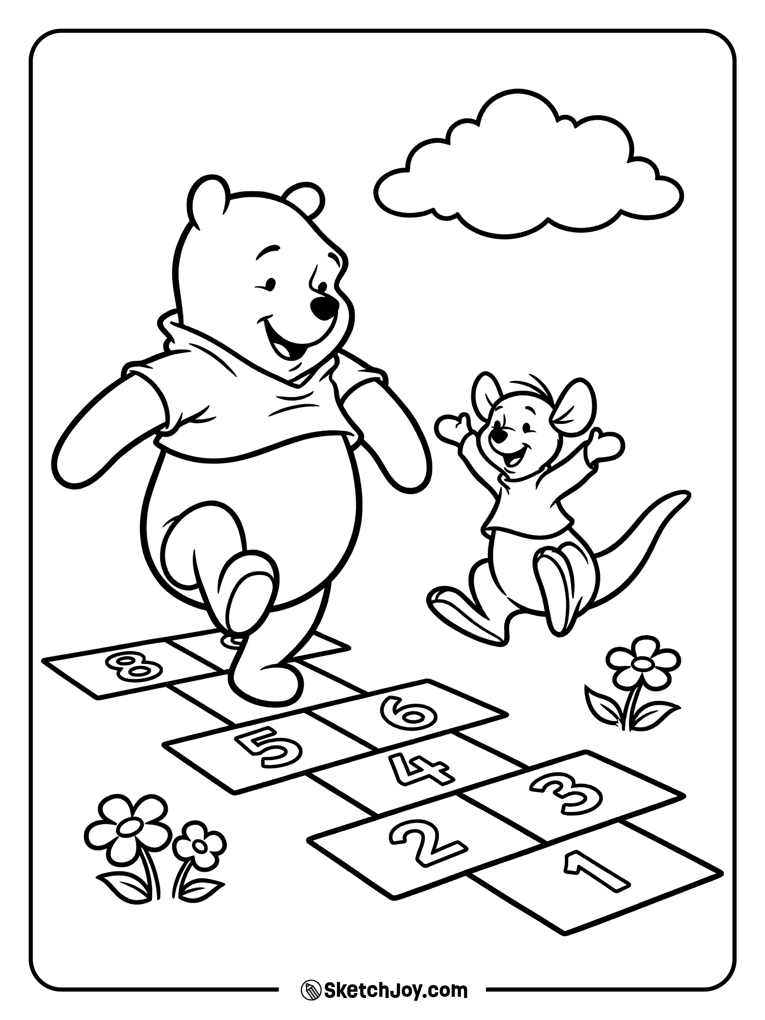 Pooh and Roo hop together on a grassy spot.