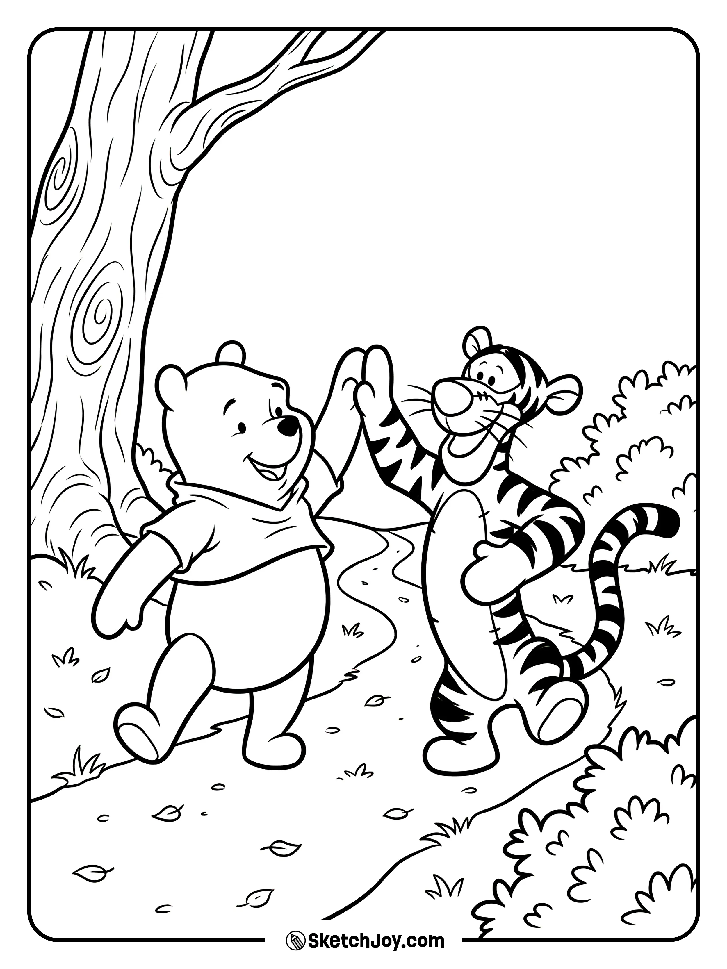 Pooh and Tigger share a fun high-five on a forest trail.