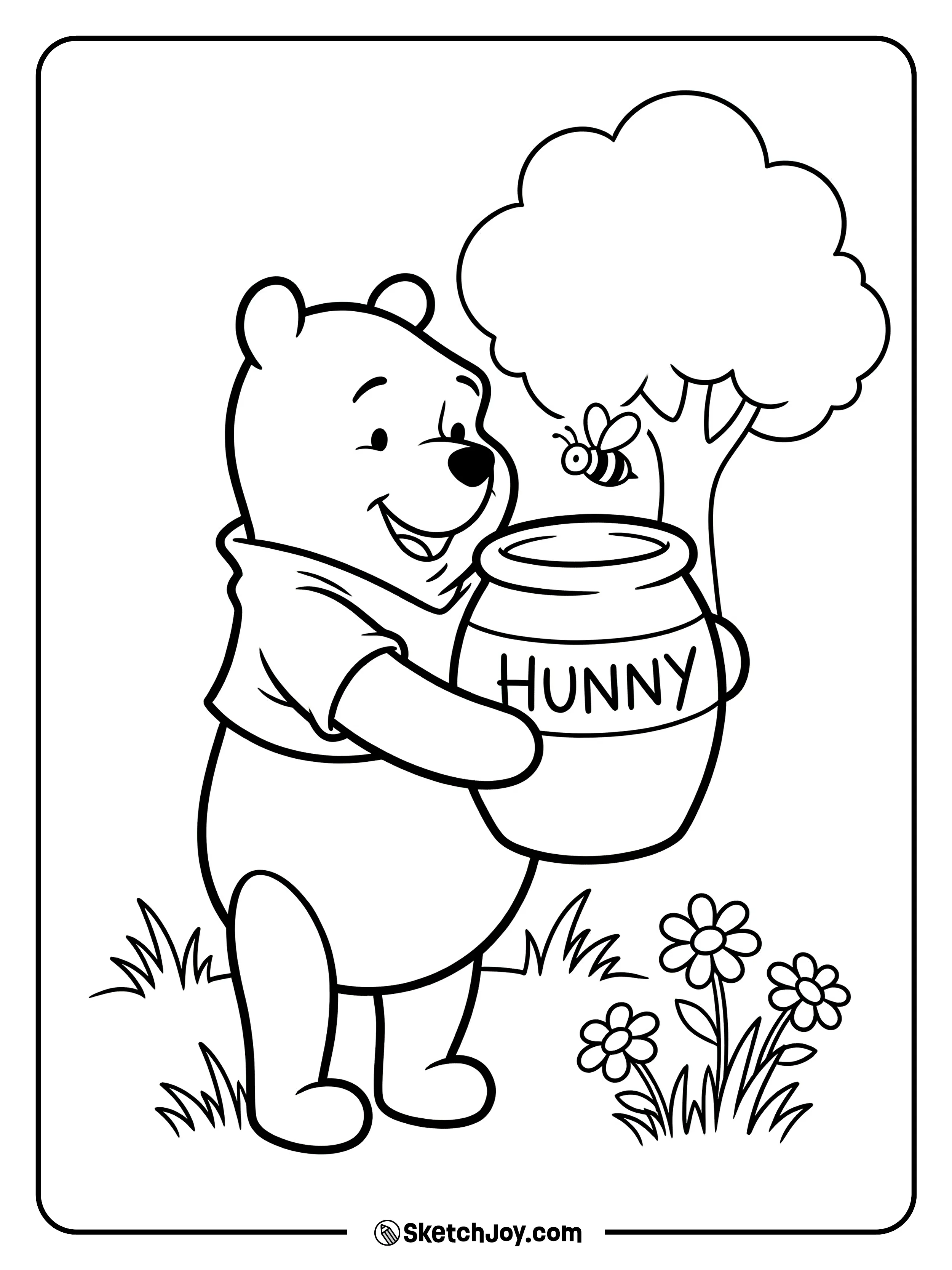 Pooh smiles while holding a big hunny jar near a tiny bee.