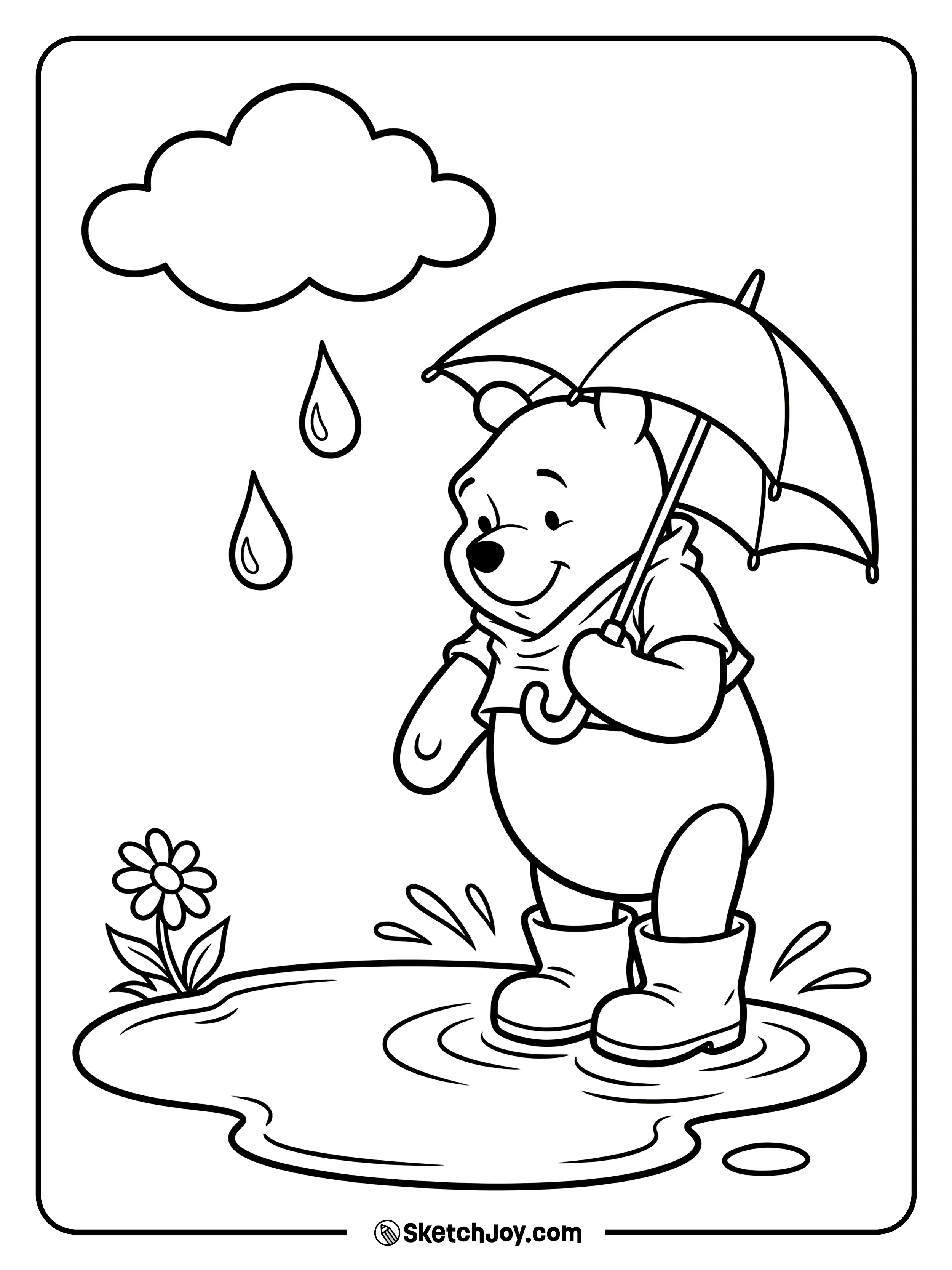 Pooh steps in a puddle with a tiny umbrella.