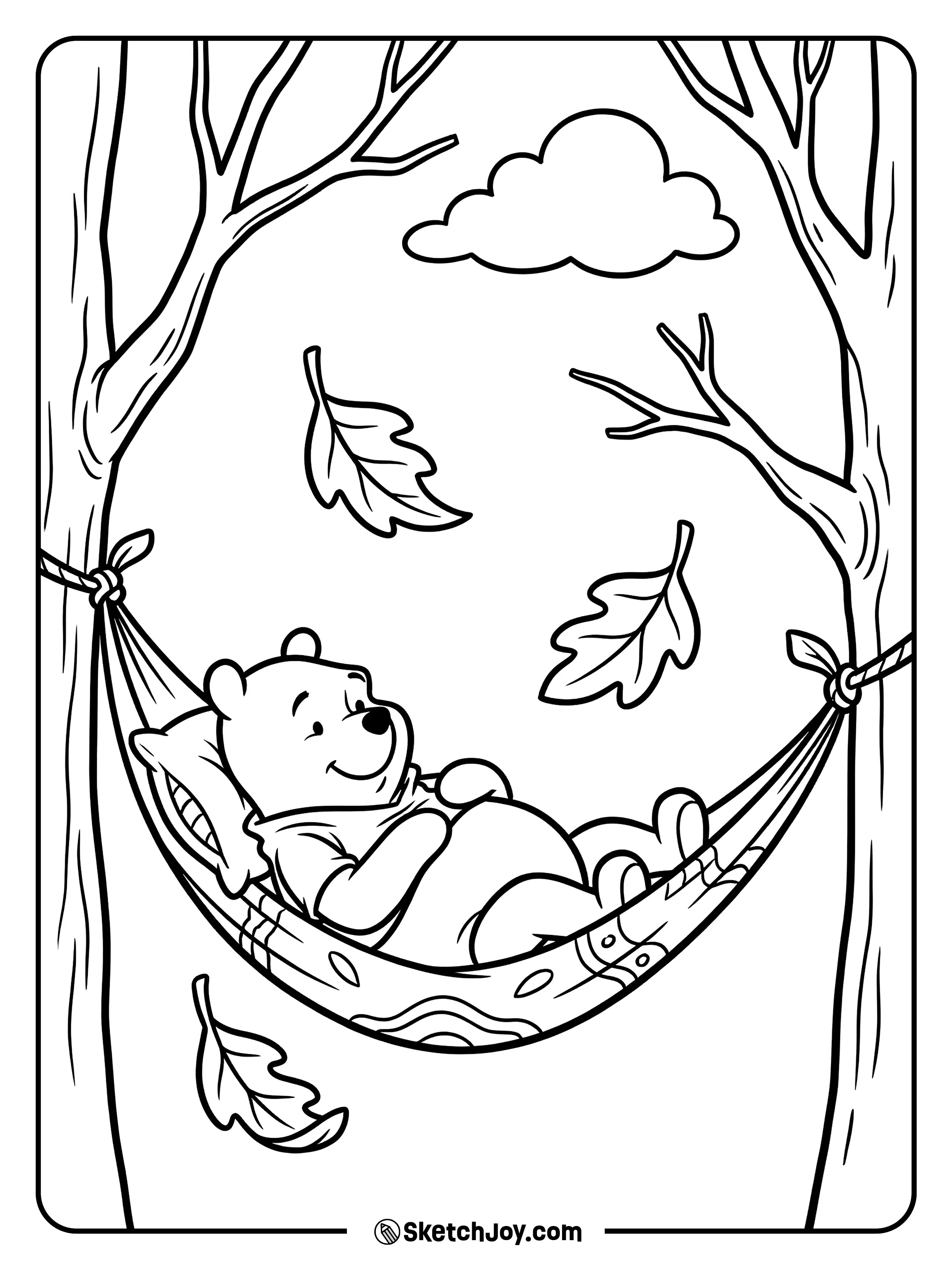 Pooh relaxes in a hammock between two trees.