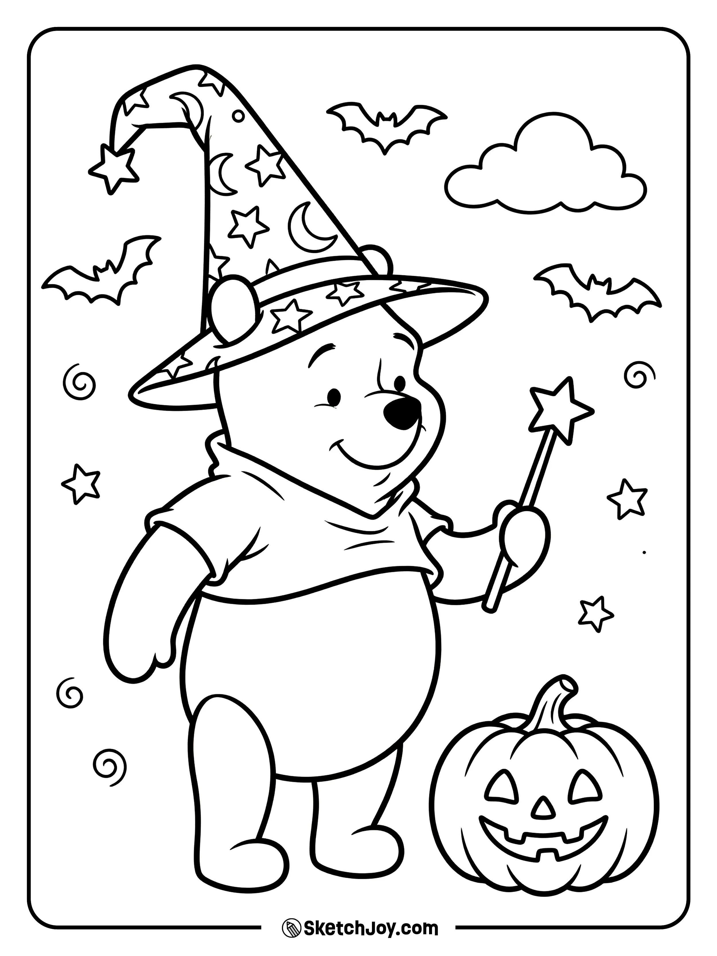 Pooh wears a wizard hat and holds a tiny wand.