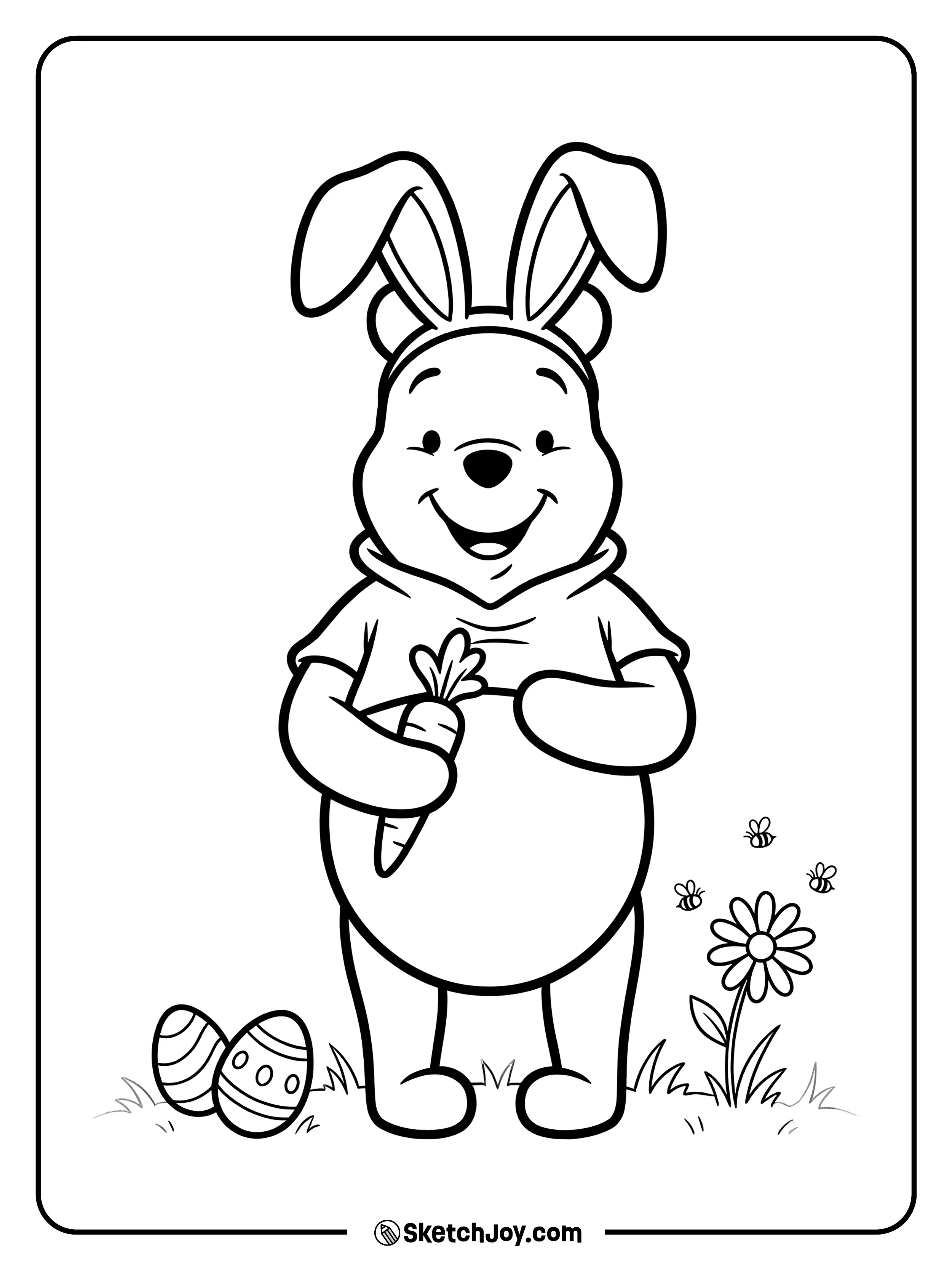 Pooh wears bunny ears and holds a tiny carrot.
