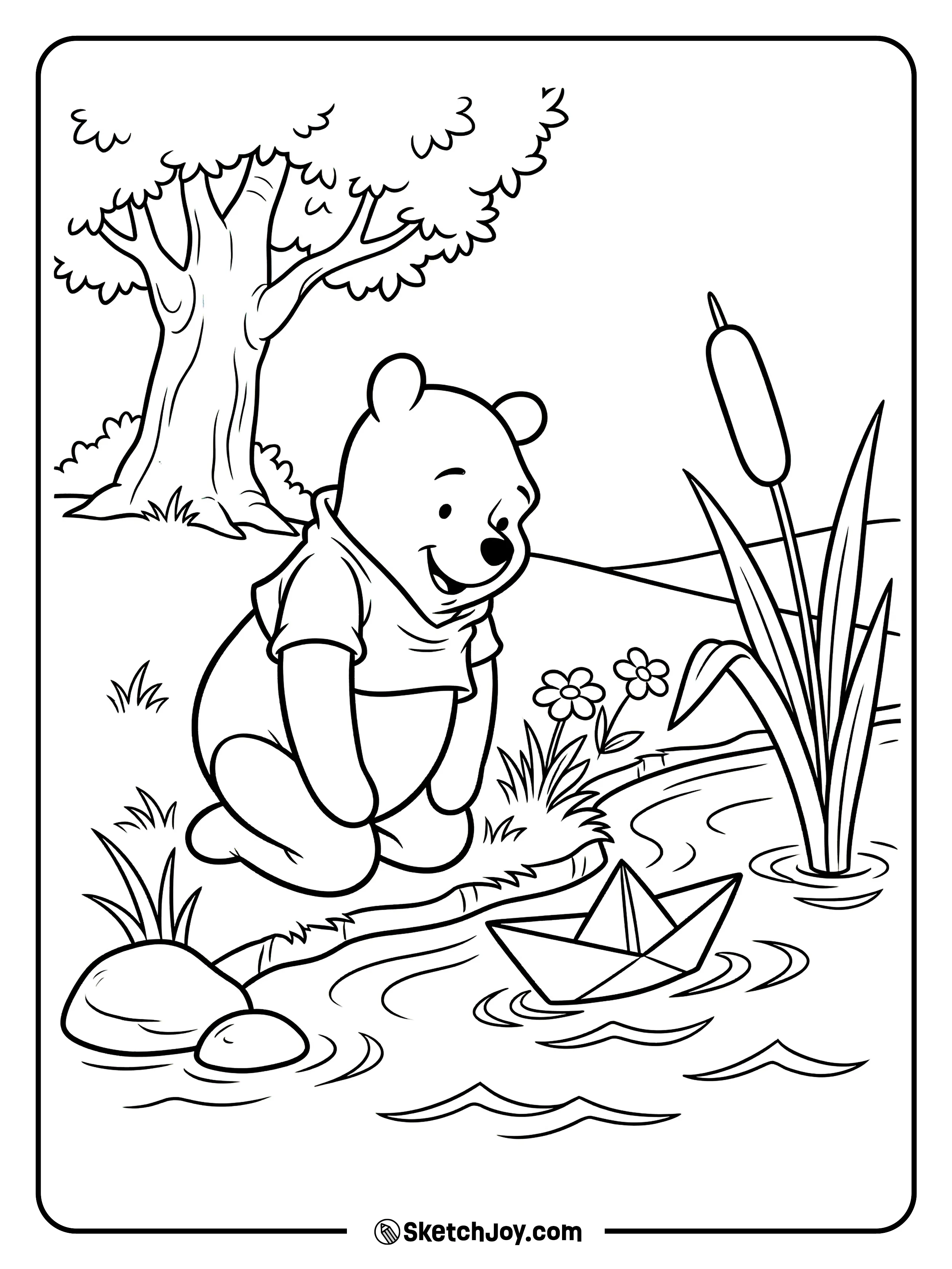 Pooh floats a paper boat in a small stream.