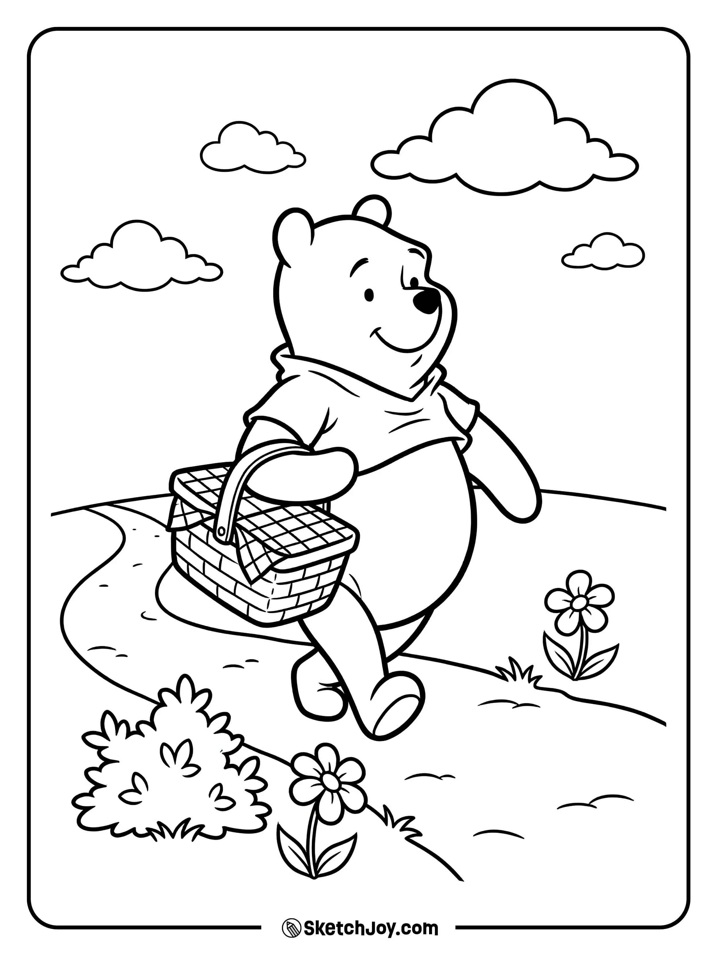 Pooh carries a picnic basket and walks along a simple path.