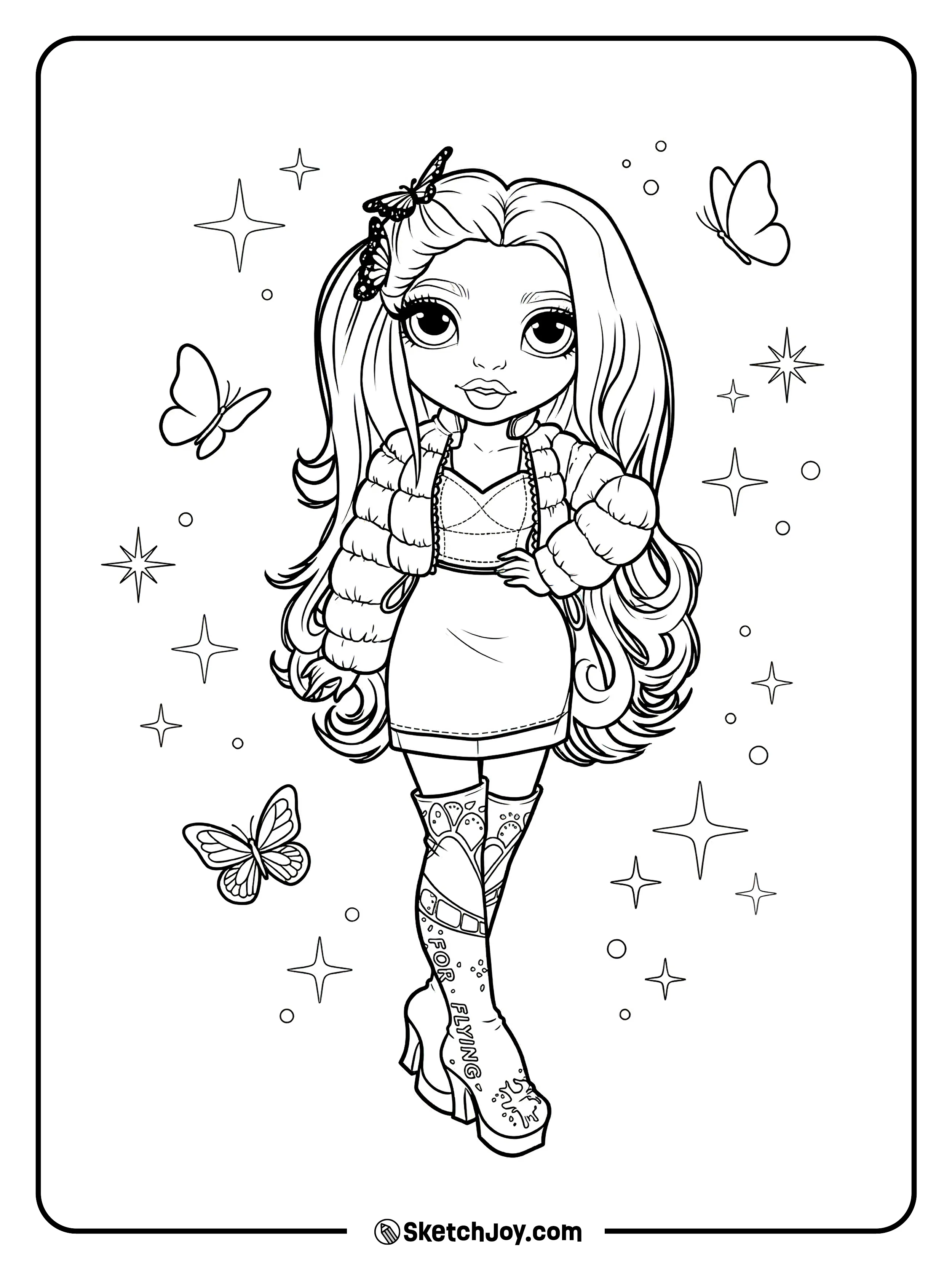 Poppy Rowan walks in a stylish dress with long hair and tall patterned boots.