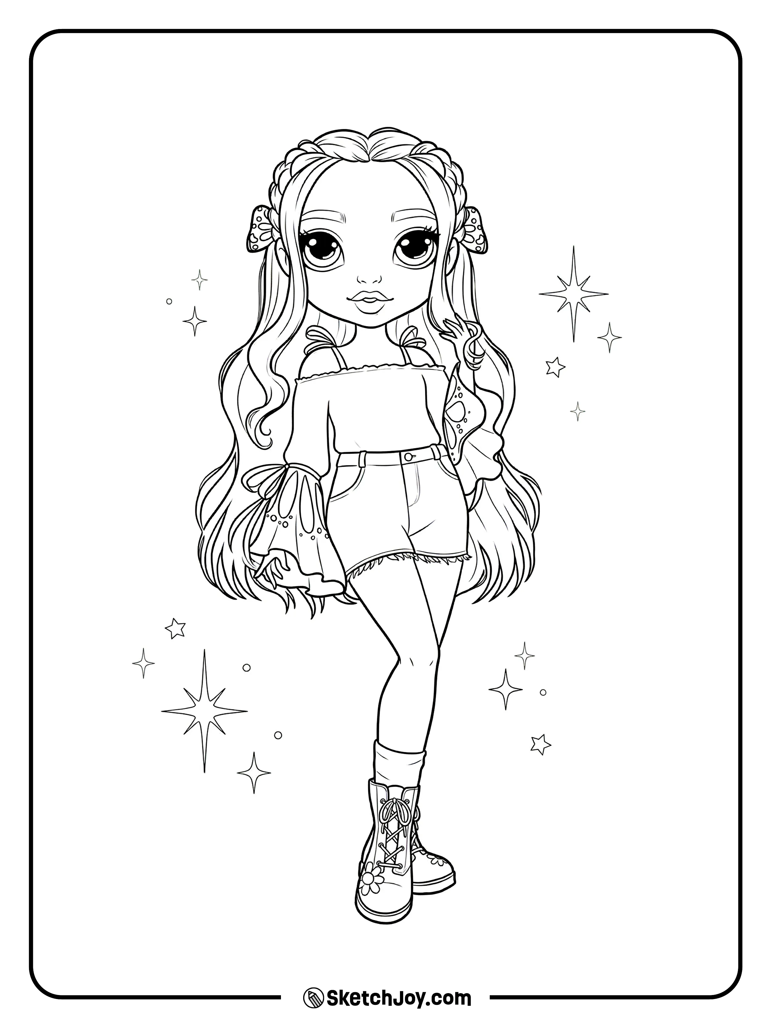 Poppy Rowan stands in a cute off-shoulder top and shorts with long wavy hair and boots.