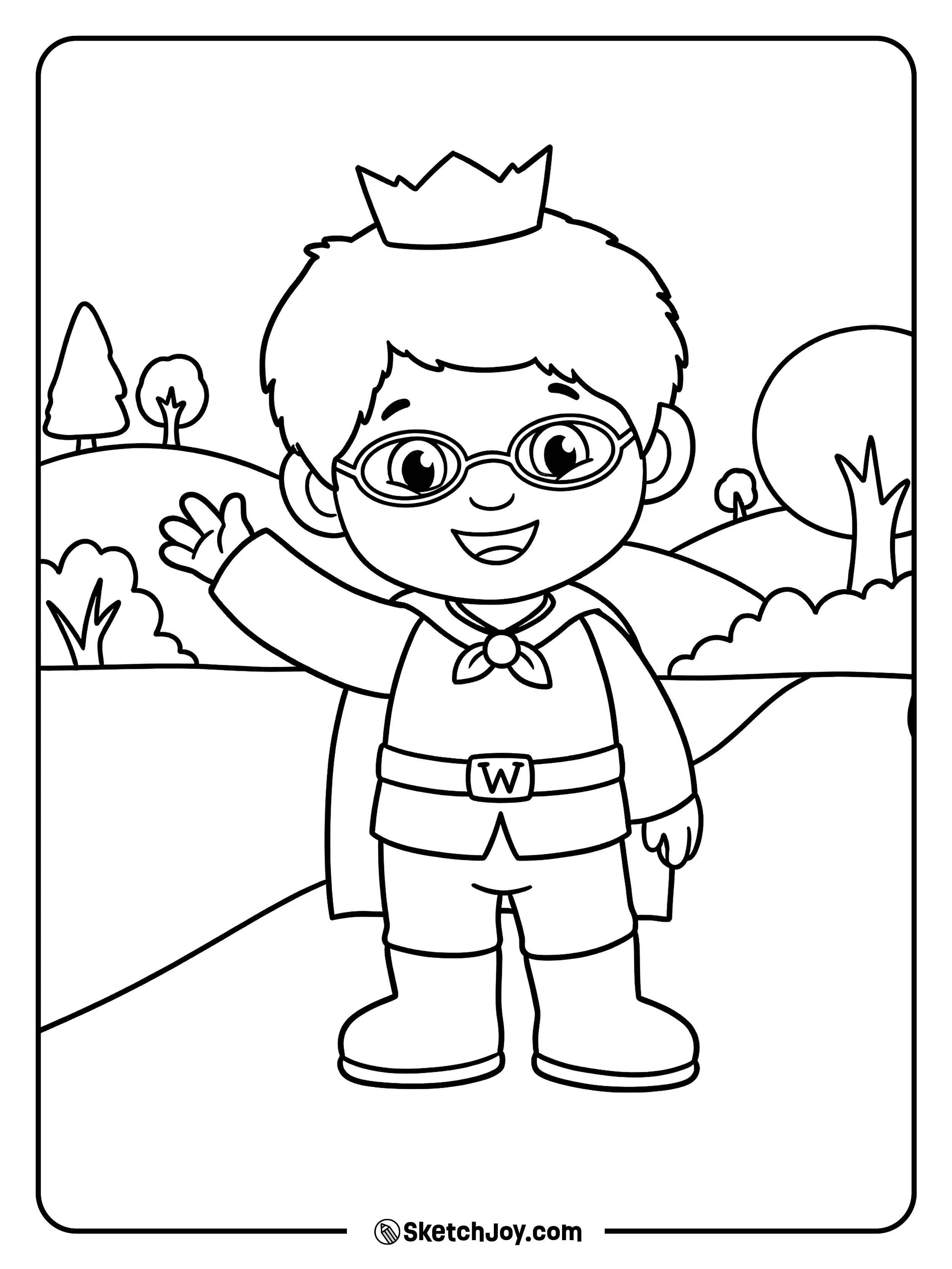 Prince Wednesday smiles and waves in his superhero outfit.