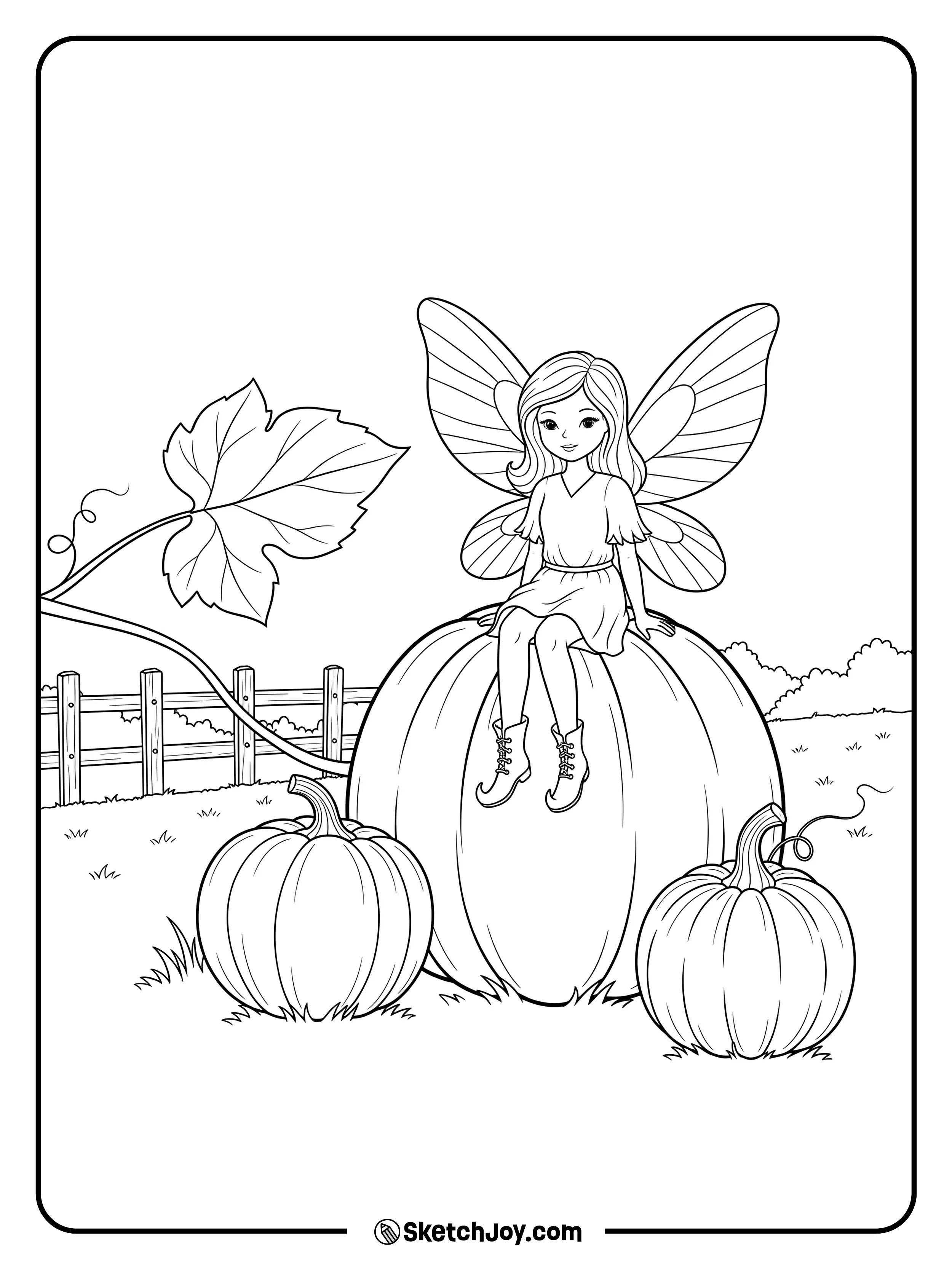 A fairy sits on a big pumpkin and swings her legs in a fall field.