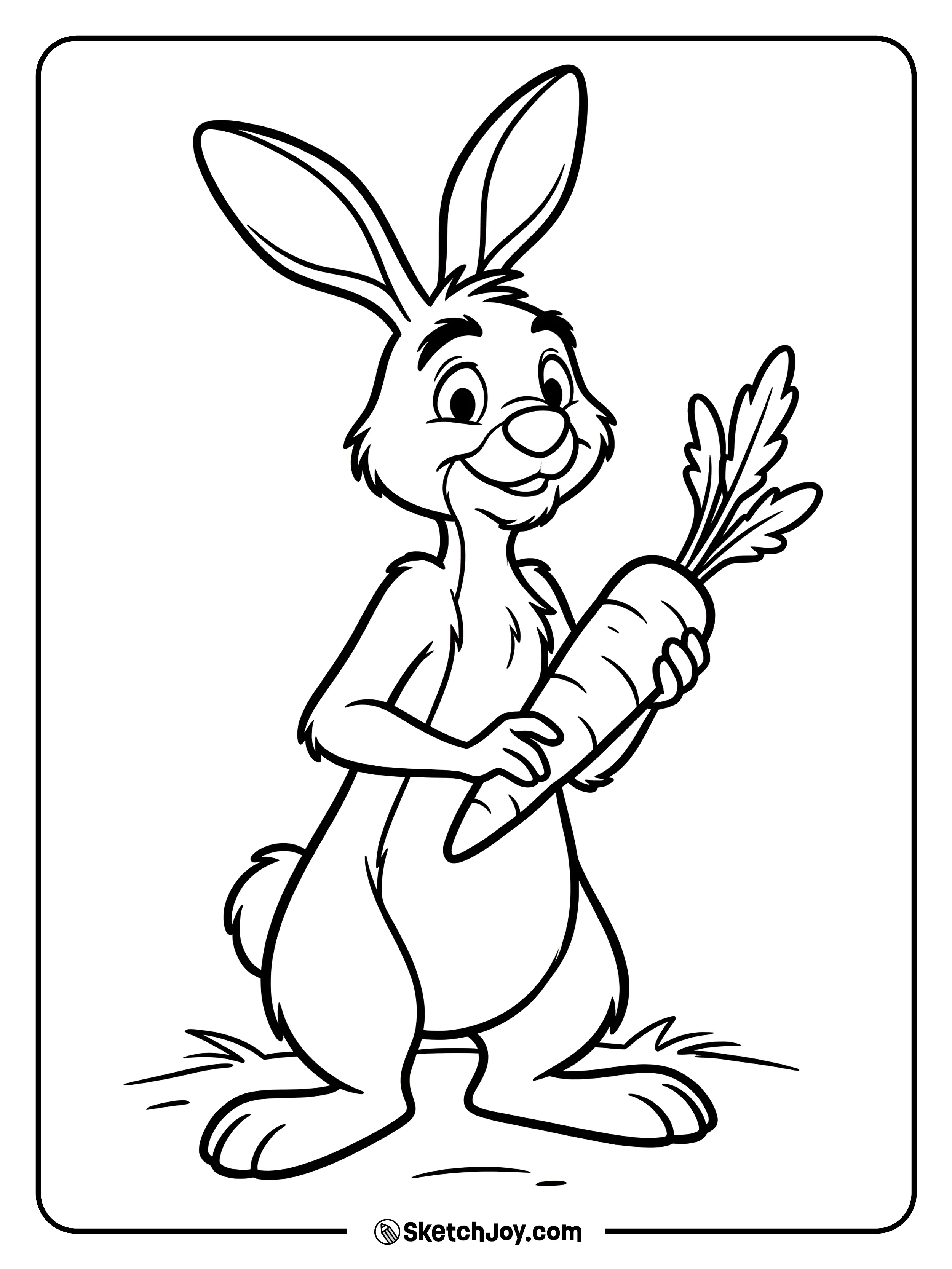 Rabbit holds one carrot and looks confident.