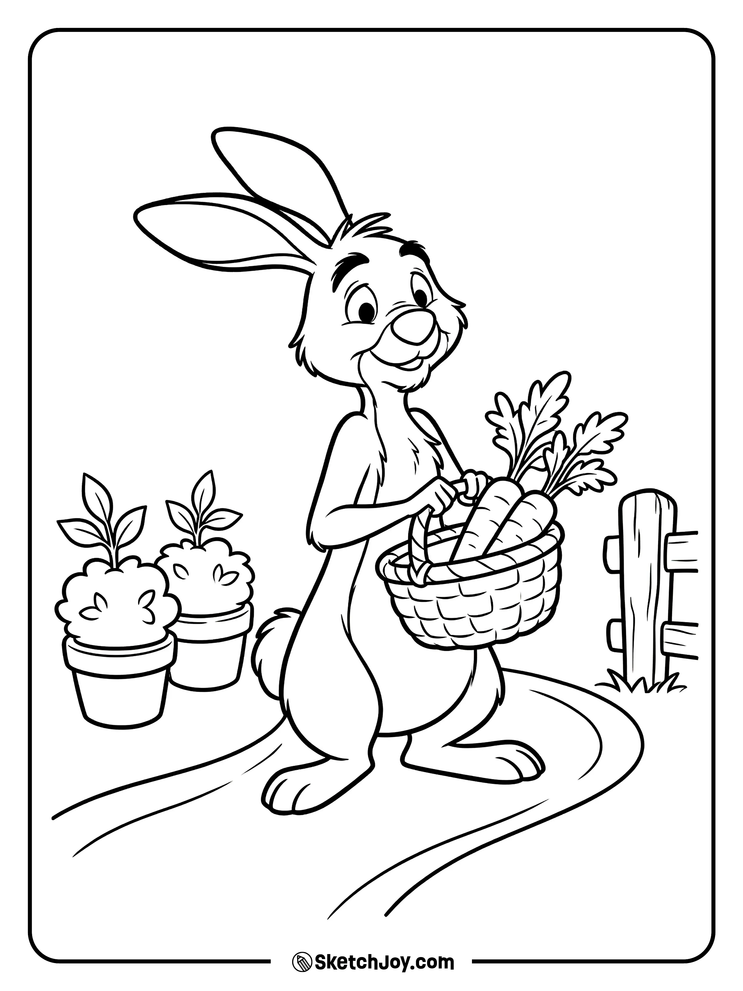 Rabbit proudly holds a basket of carrots on a path.