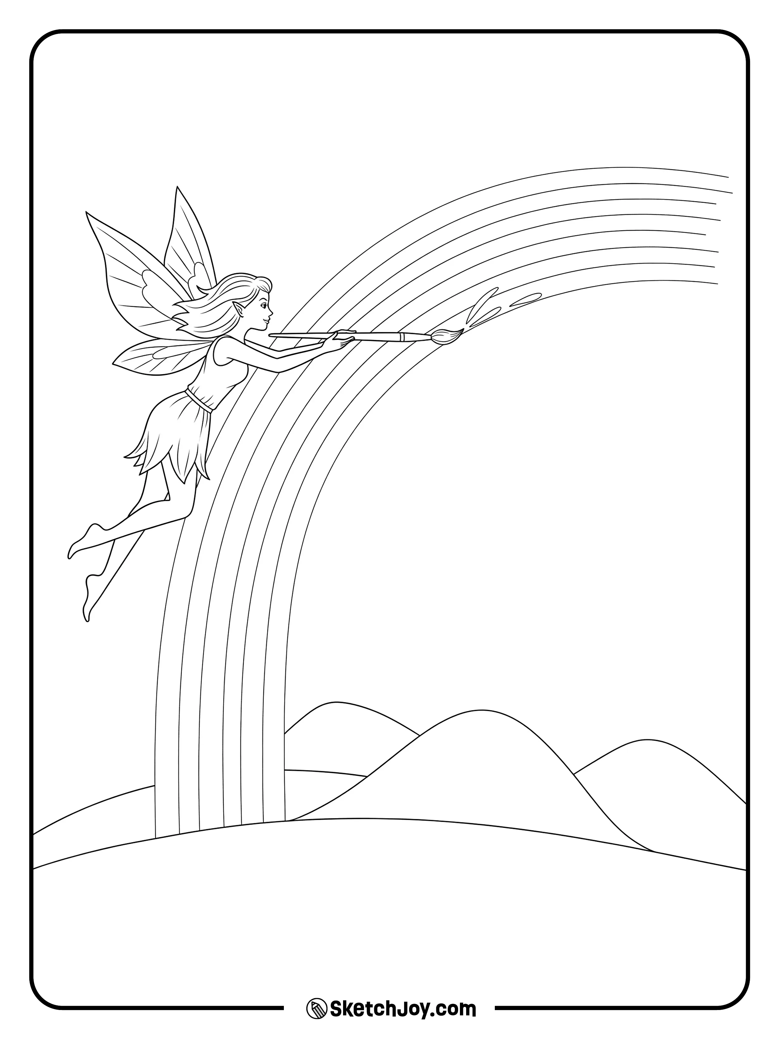 A fairy uses a big brush to paint a rainbow across the sky.