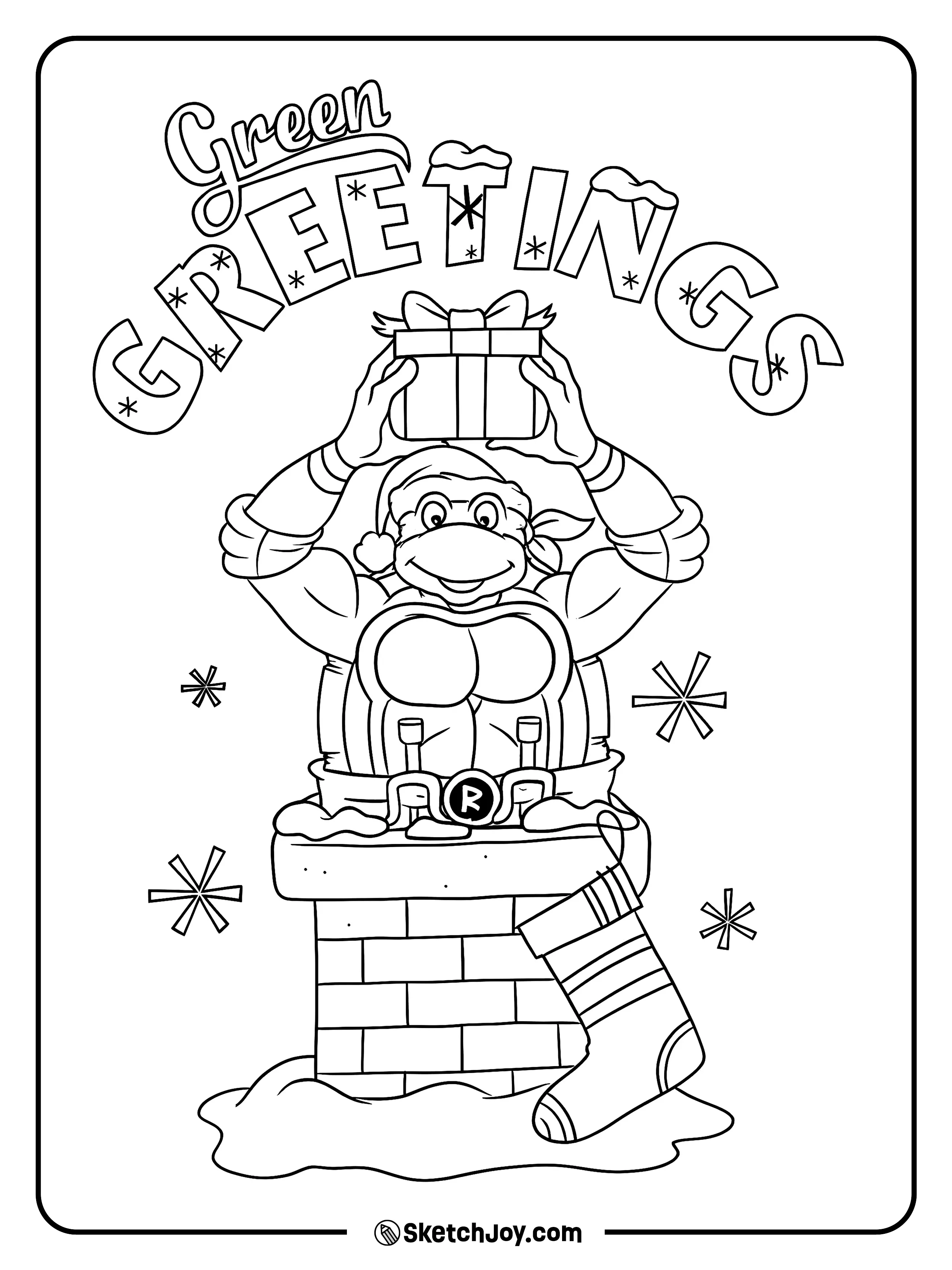 Raphael wears a Santa hat on a snowy chimney and lifts a present high under the words Green Greetings.