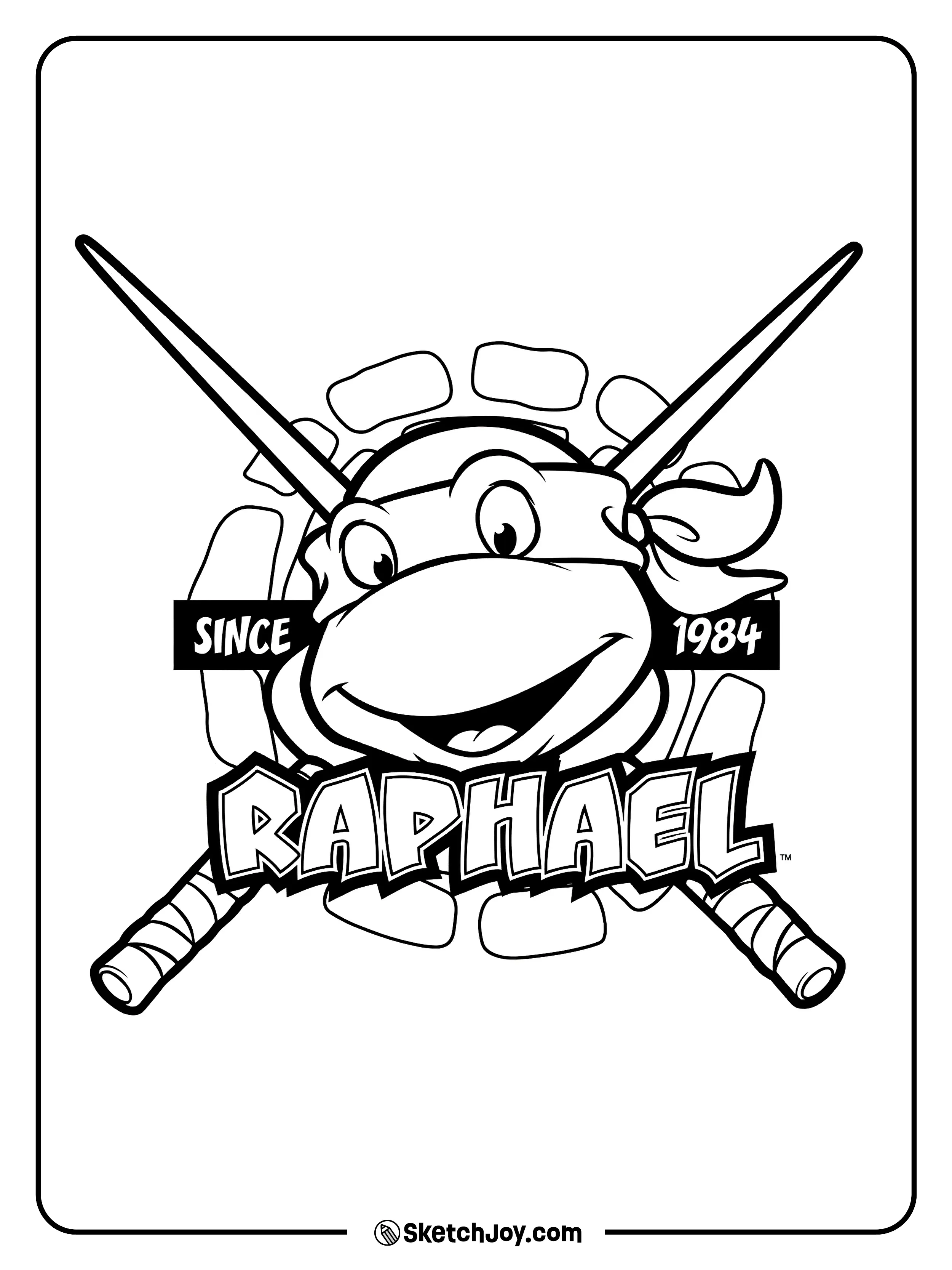 Raphael grins in a badge design with crossed sais and bold text that says “Since 1984.”