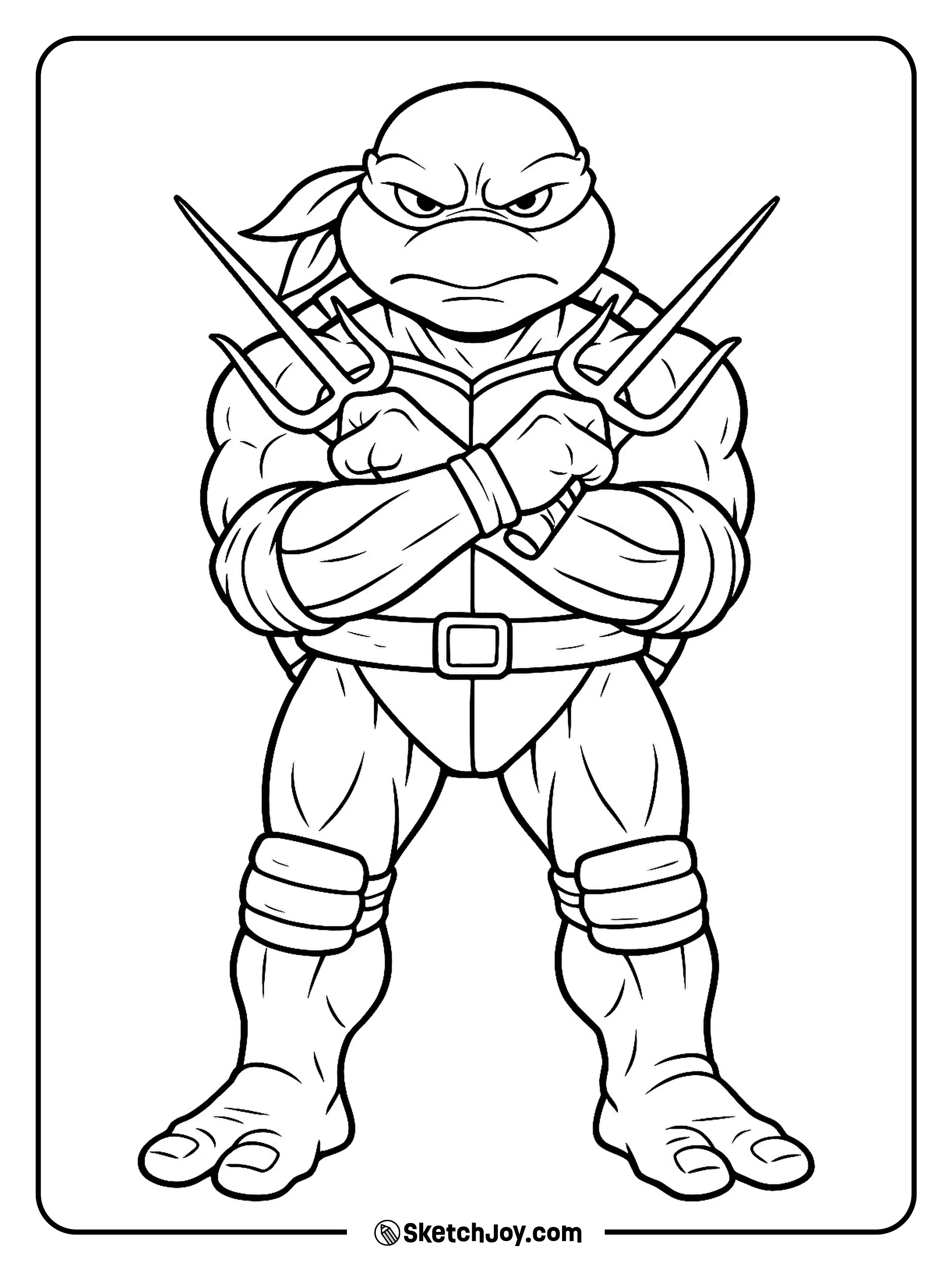 Raphael stares ahead with his arms crossed and his sais in his hands.