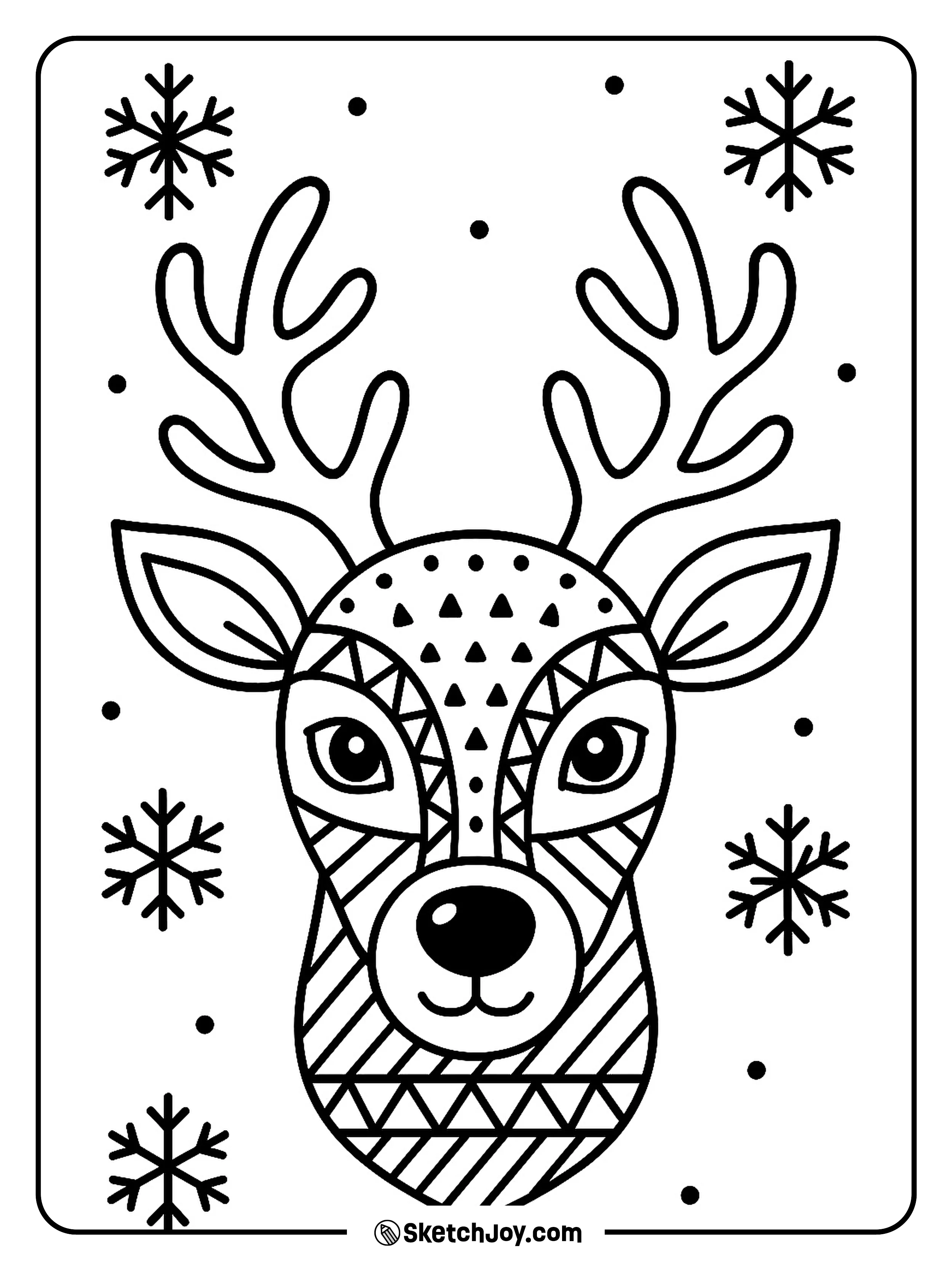 A reindeer face is filled with simple pattern shapes.