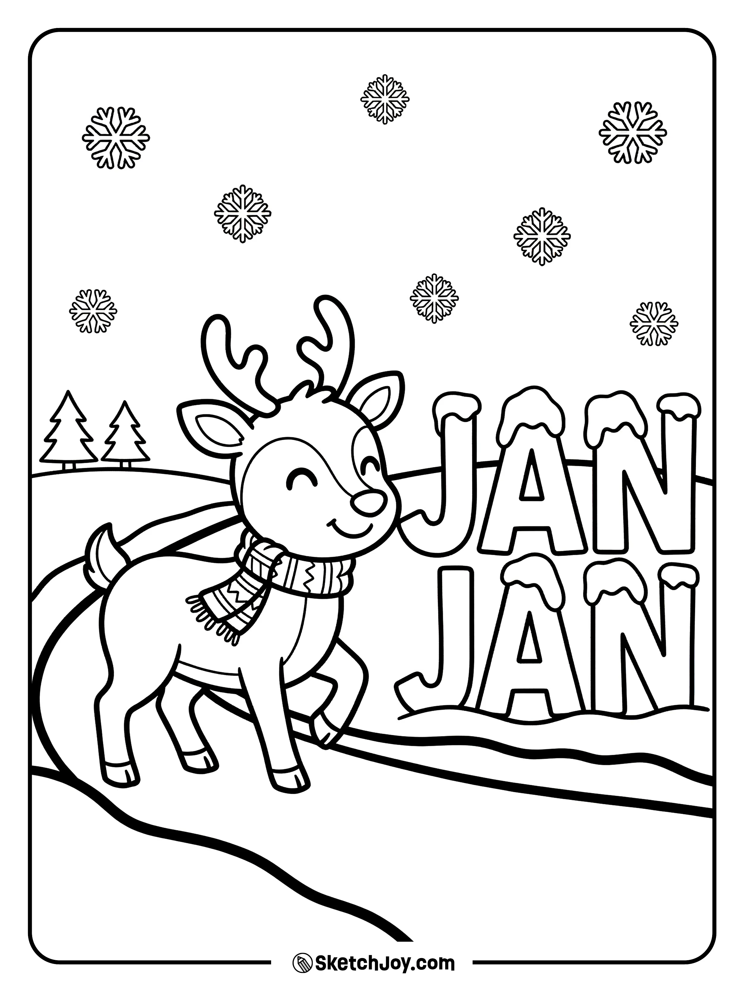A reindeer walks across snow near snow-cap JAN letters.