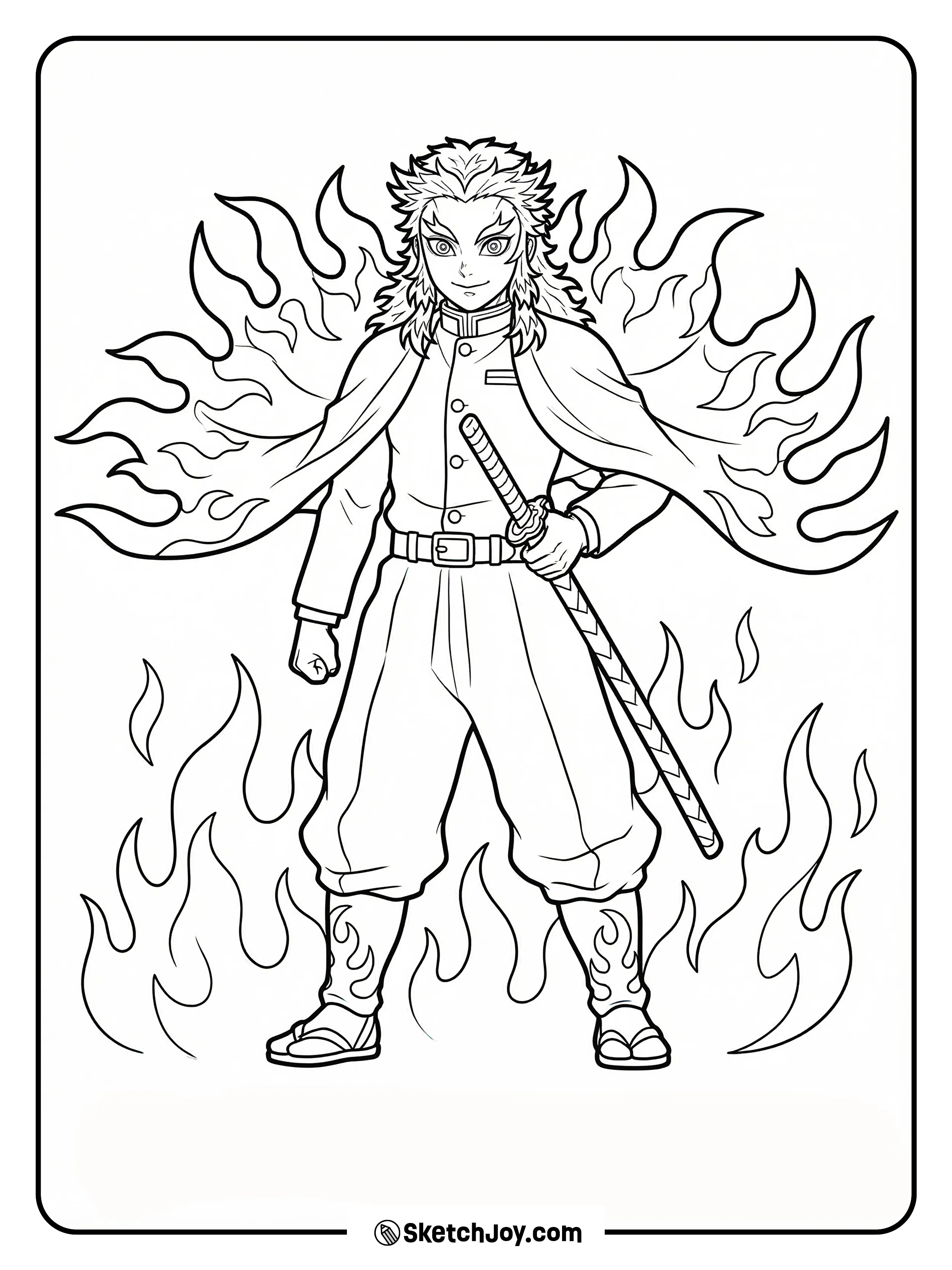 Rengoku stands in a bold stance, cloak wide, with simple flame shapes around his feet.