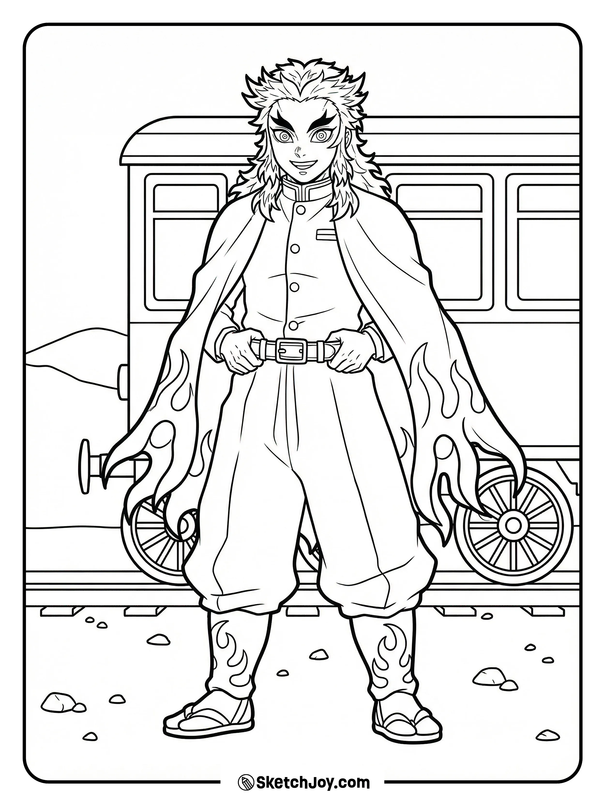 Rengoku stands strong near train tracks, cape flowing as the train waits in the back.