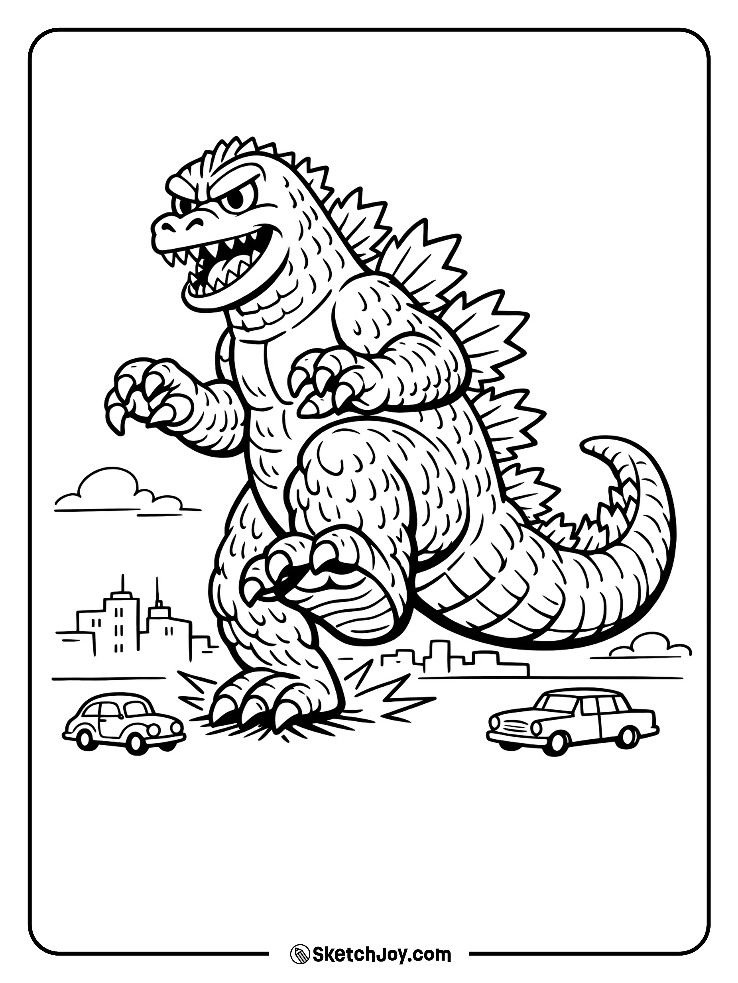 A classic suit-style Godzilla stomps near old cars and a low skyline.