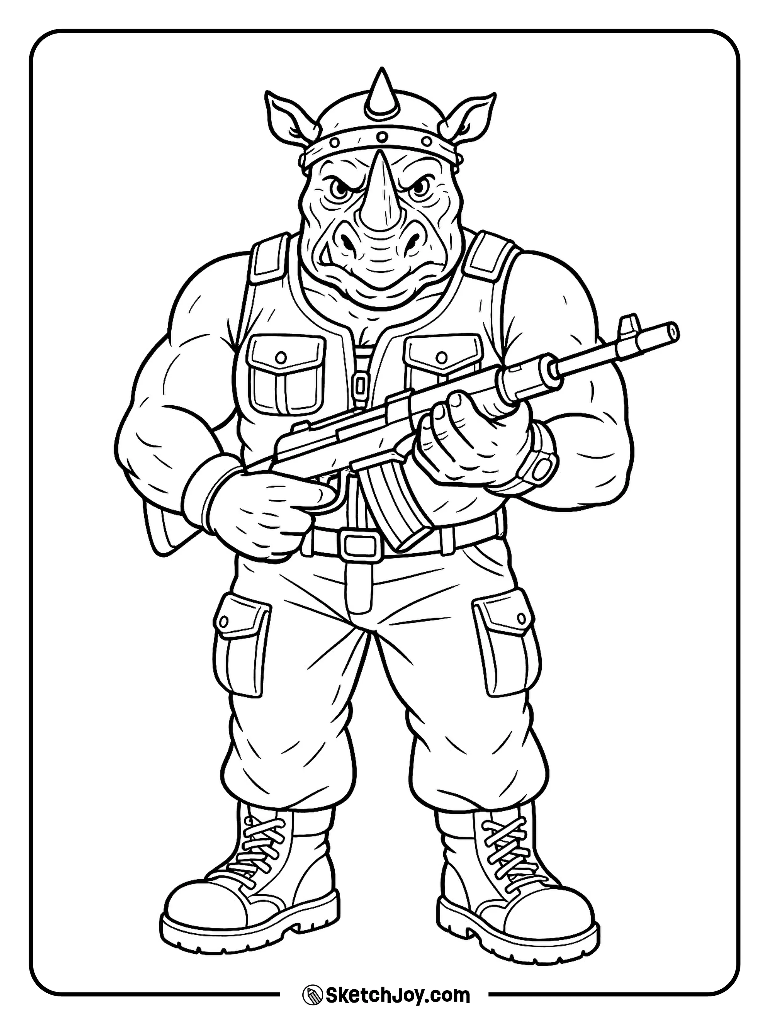 Rocksteady stands strong with his horn helmet and heavy gun.