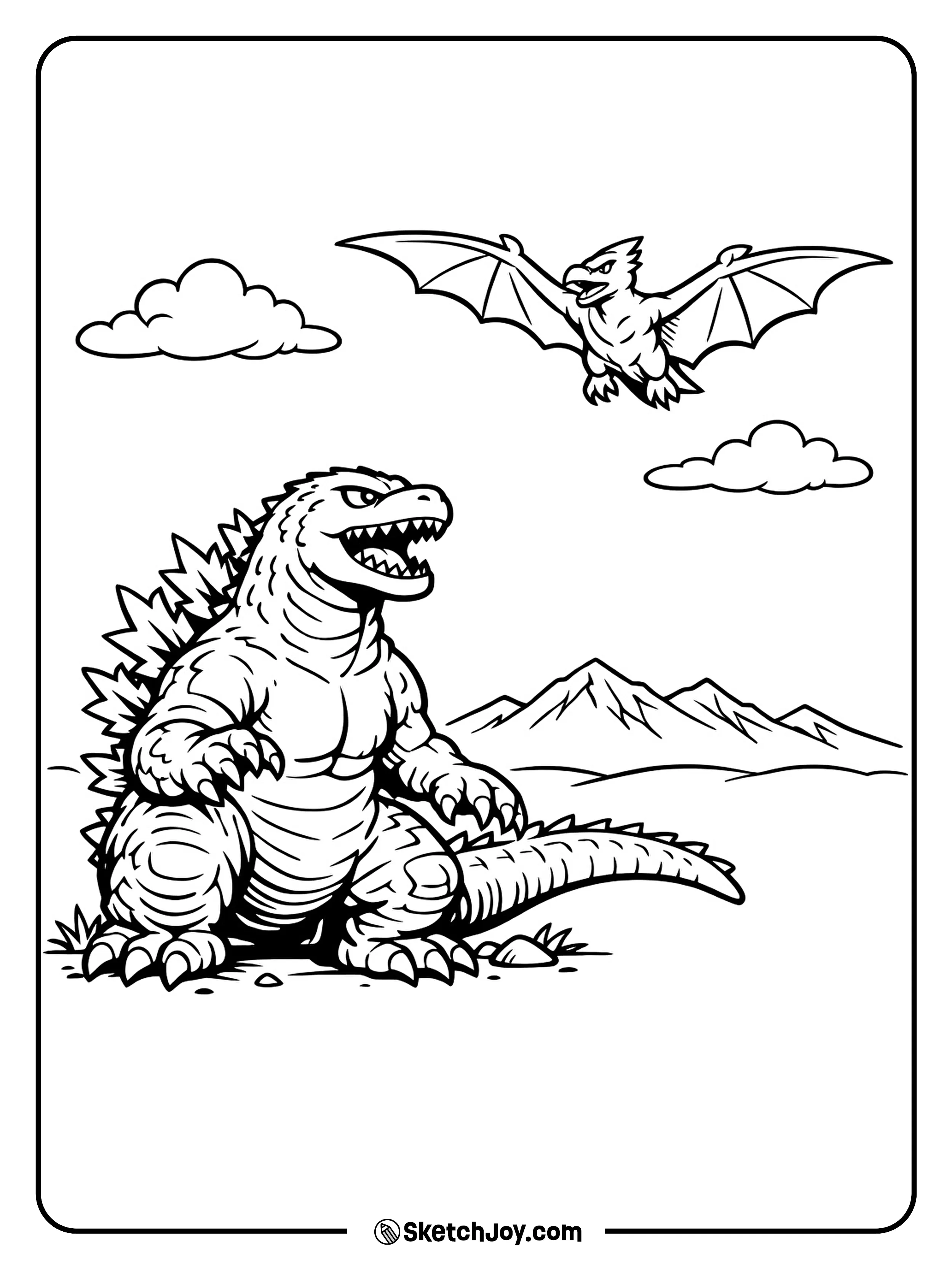 A giant winged monster flies as Godzilla watches from below.