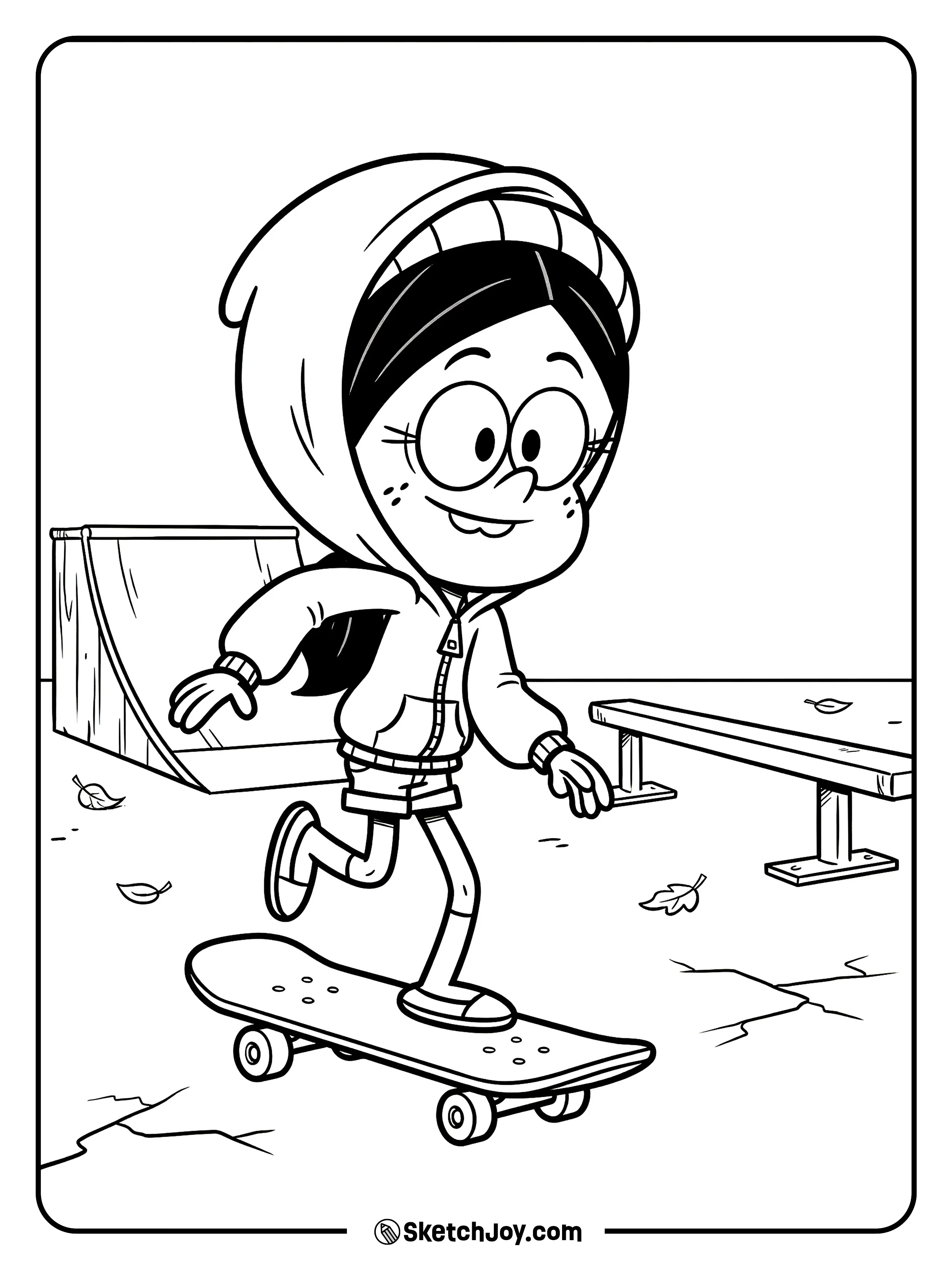 Ronnie Anne rides her skateboard with bold energy.
