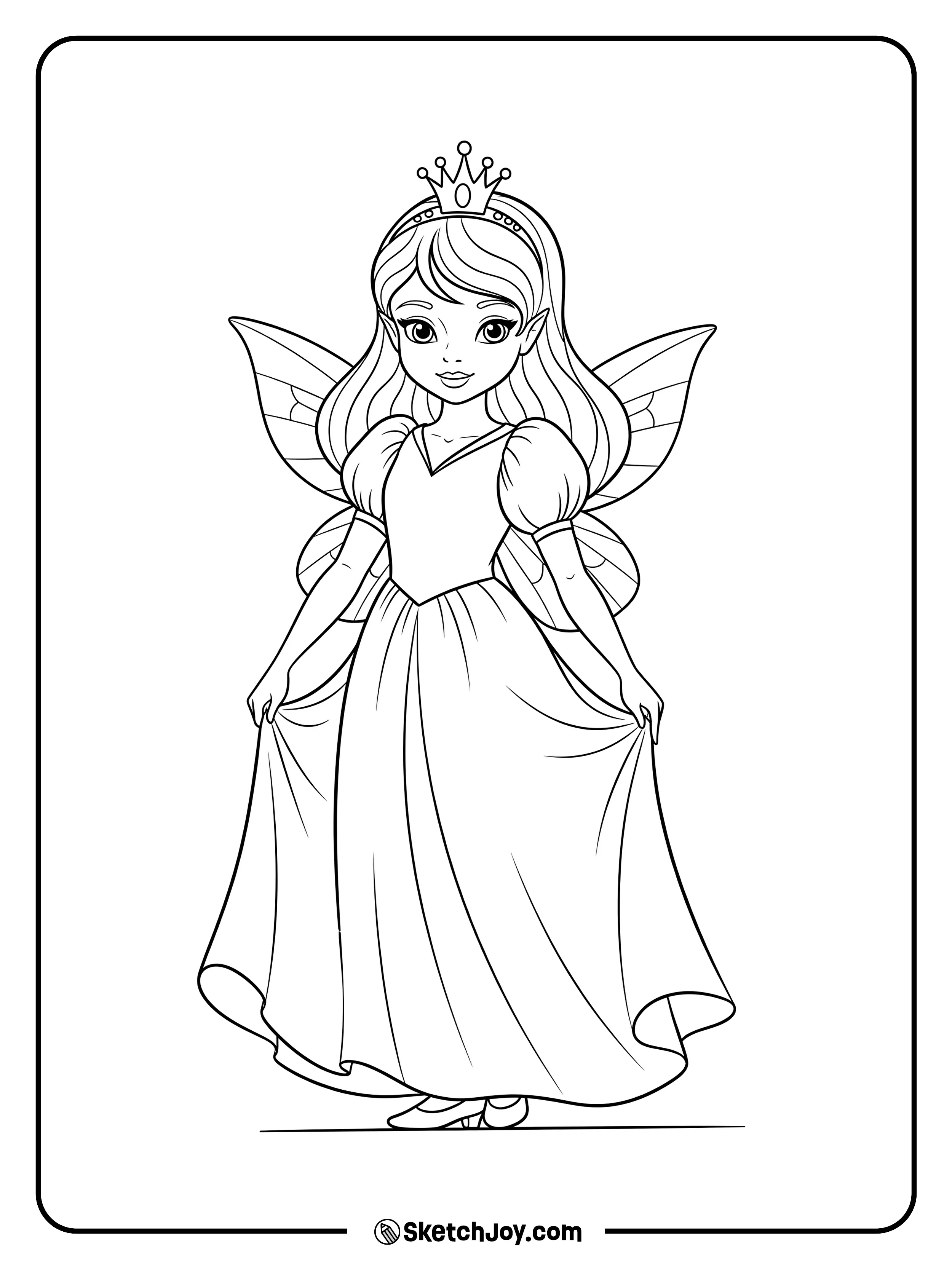 A fairy princess stands tall with a crown and long dress, ready to grant wishes.