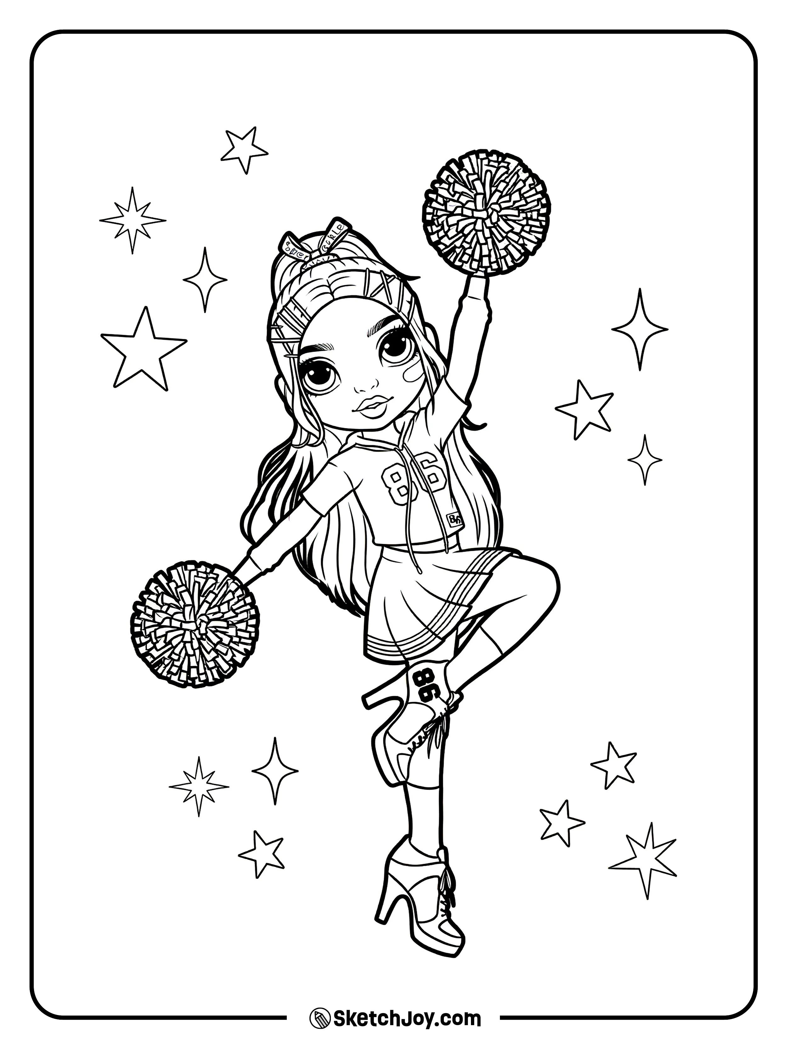 Ruby Anderson jumps in a lively cheer pose with big pom poms in her hands.