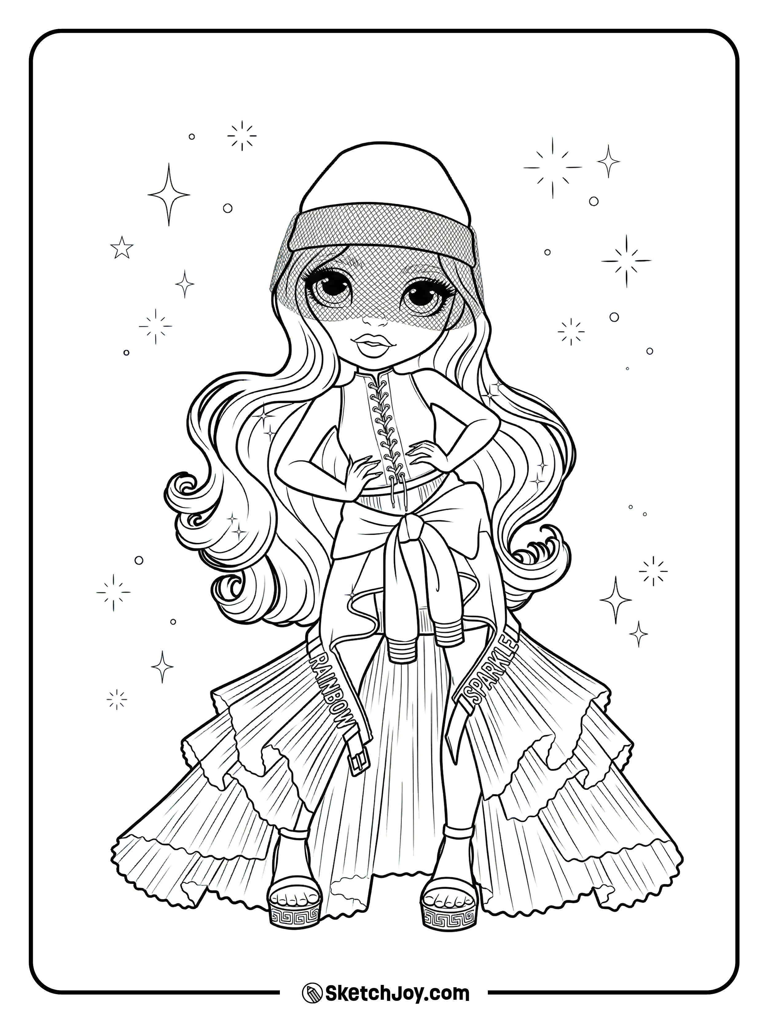 Ruby Anderson stands in a flowy layered skirt with a cool cap and long wavy hair.