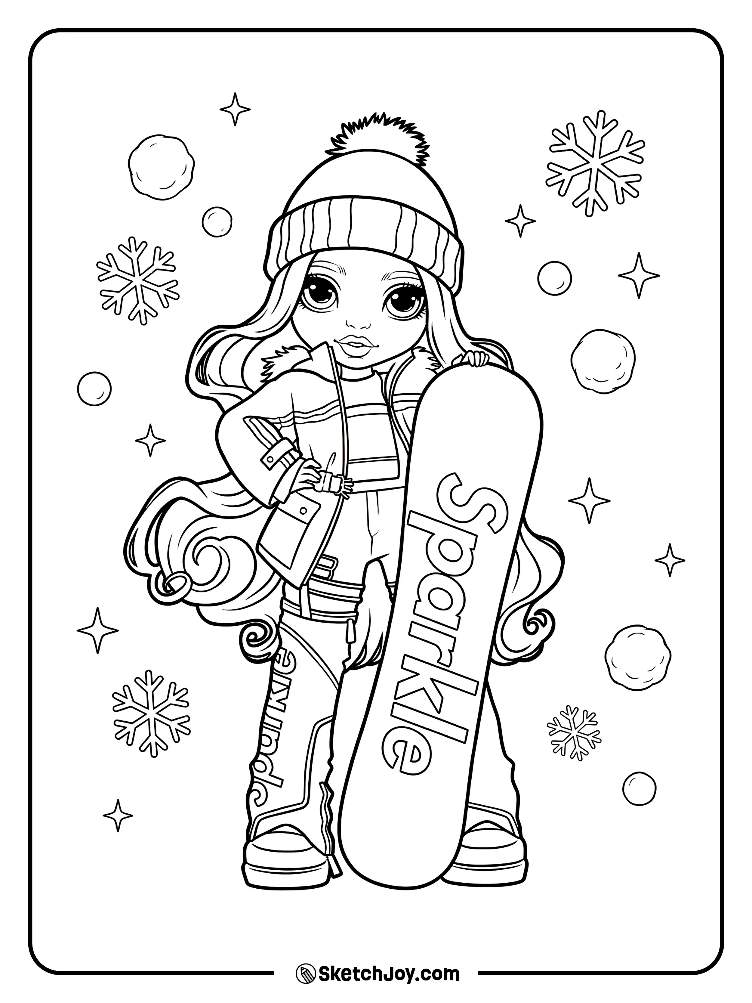 Ruby Anderson stands in a cool winter outfit holding her snowboard with a confident look.
