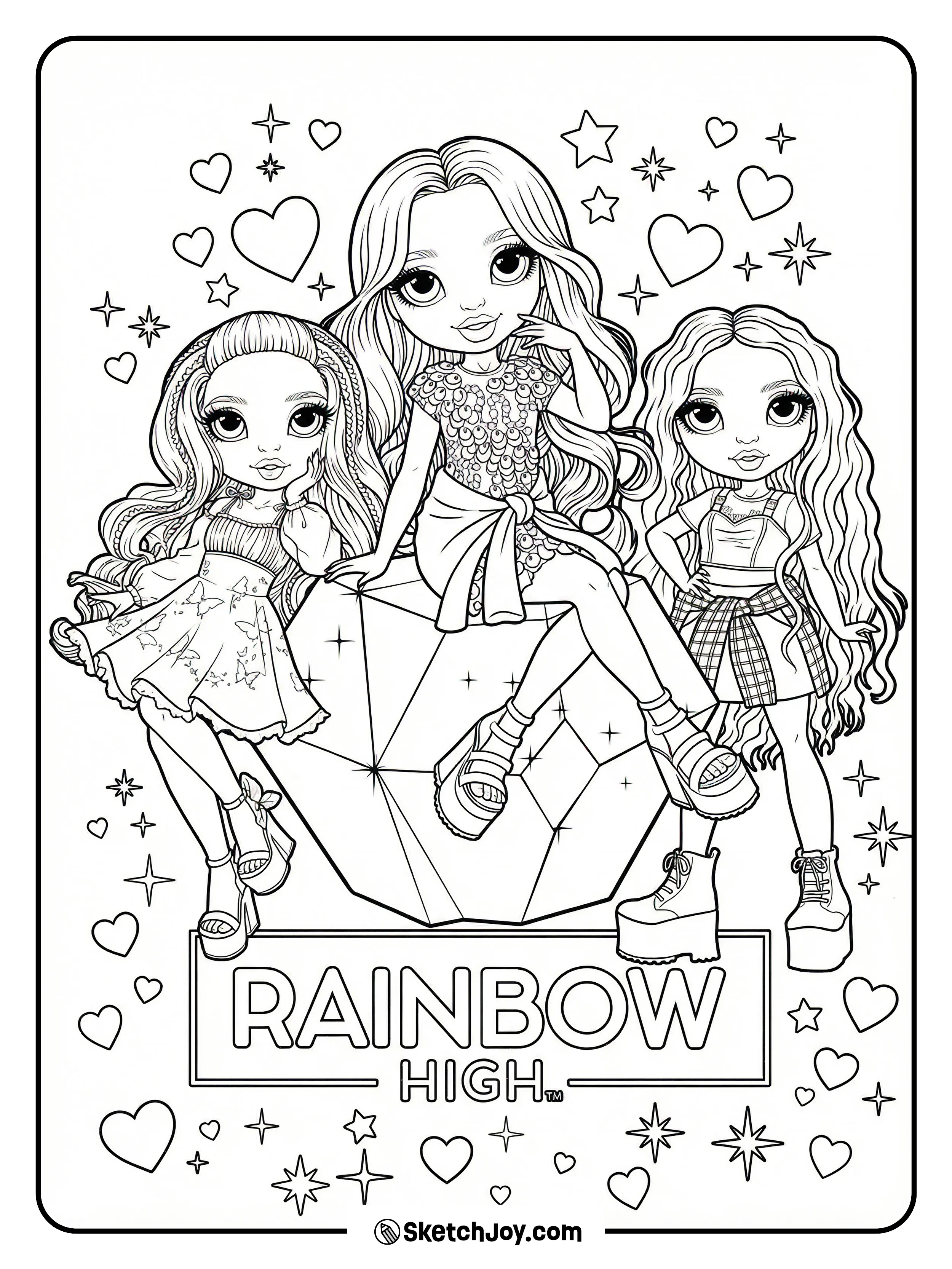 Ruby, Poppy, and Violet pose together on a big gem with the Rainbow High sign below.