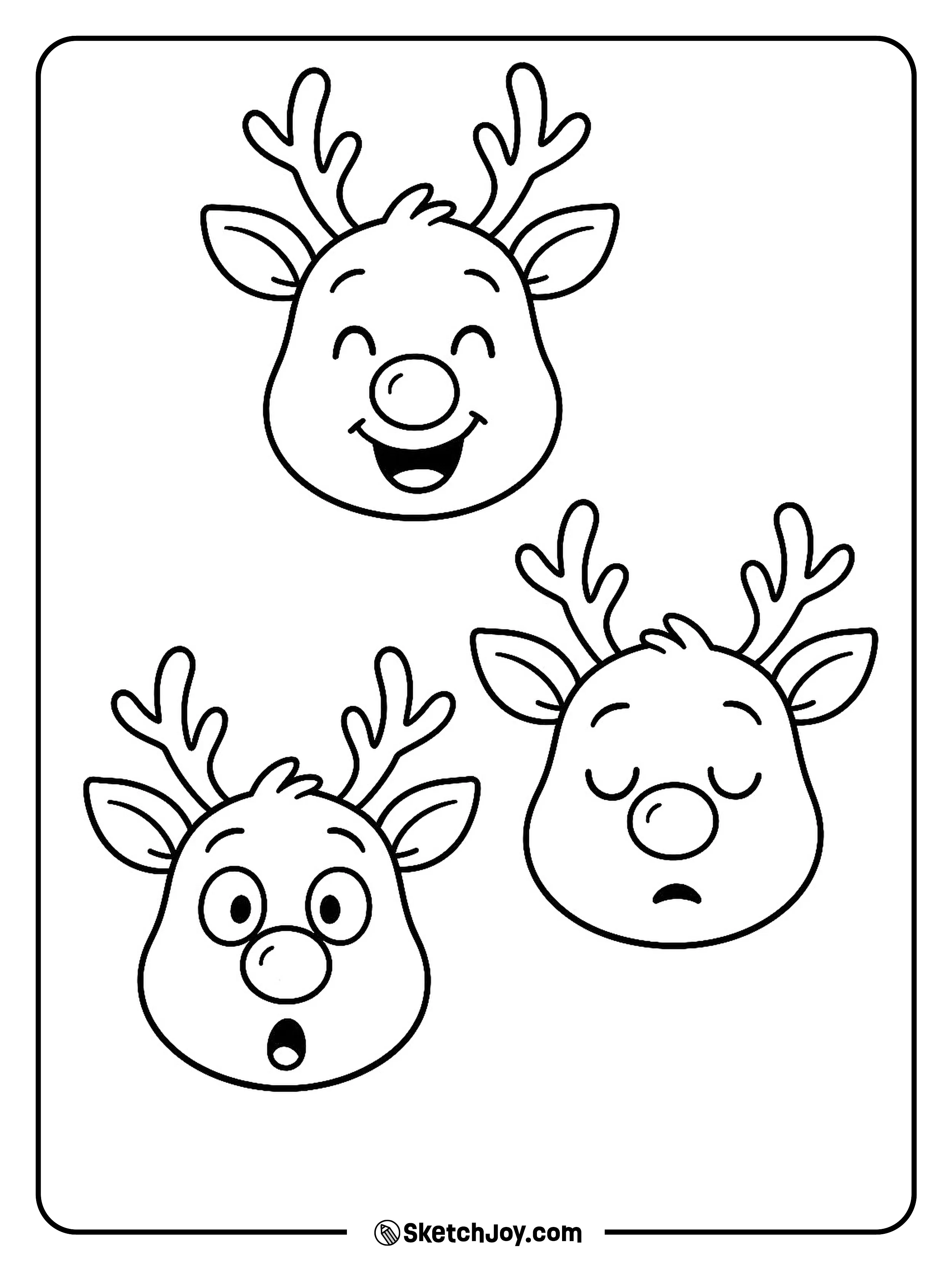 Three small Rudolph faces show happy, surprised, and sleepy moods.