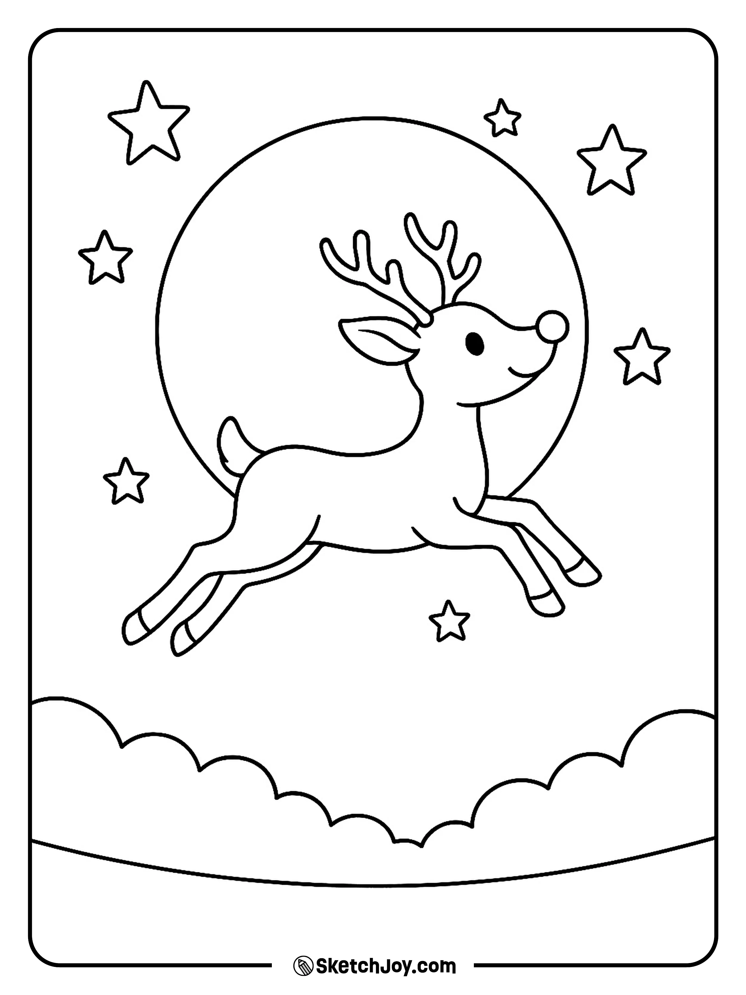 Rudolph soars past a big moon while his nose glows like a star.