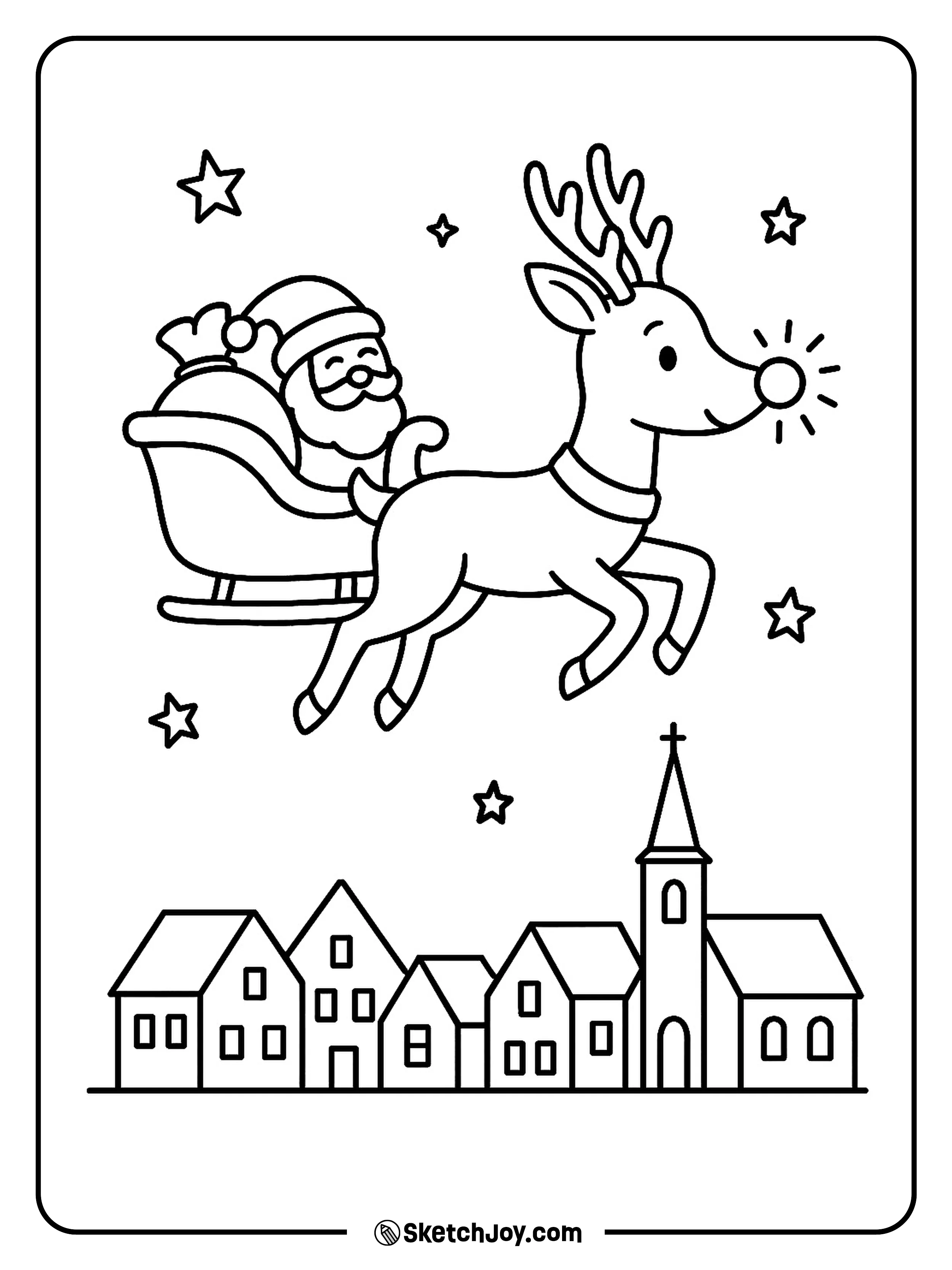 Rudolph flies over a small town as Santa’s sleigh glides behind him.