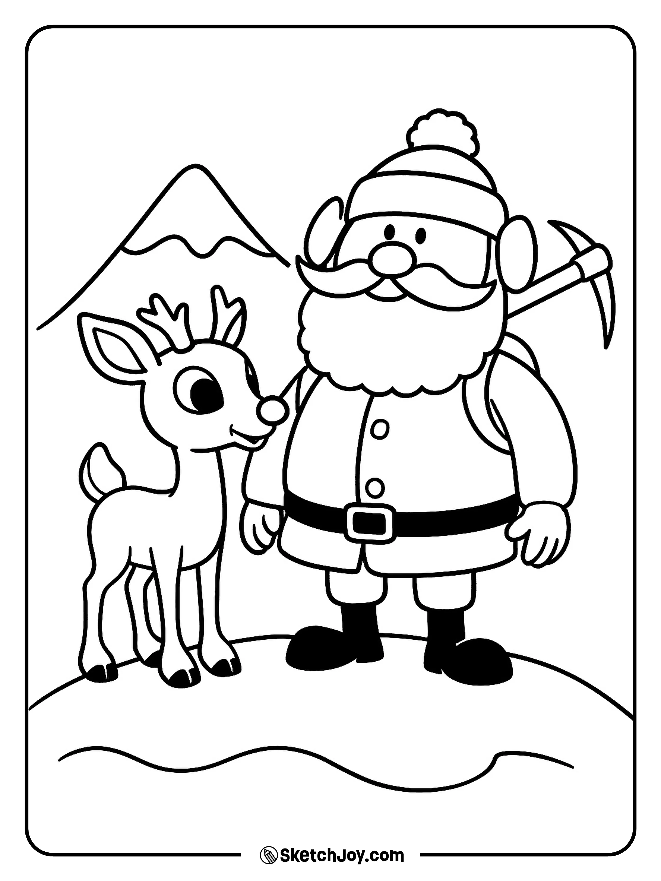Rudolph looks up as Yukon Cornelius proudly holds his pickaxe.