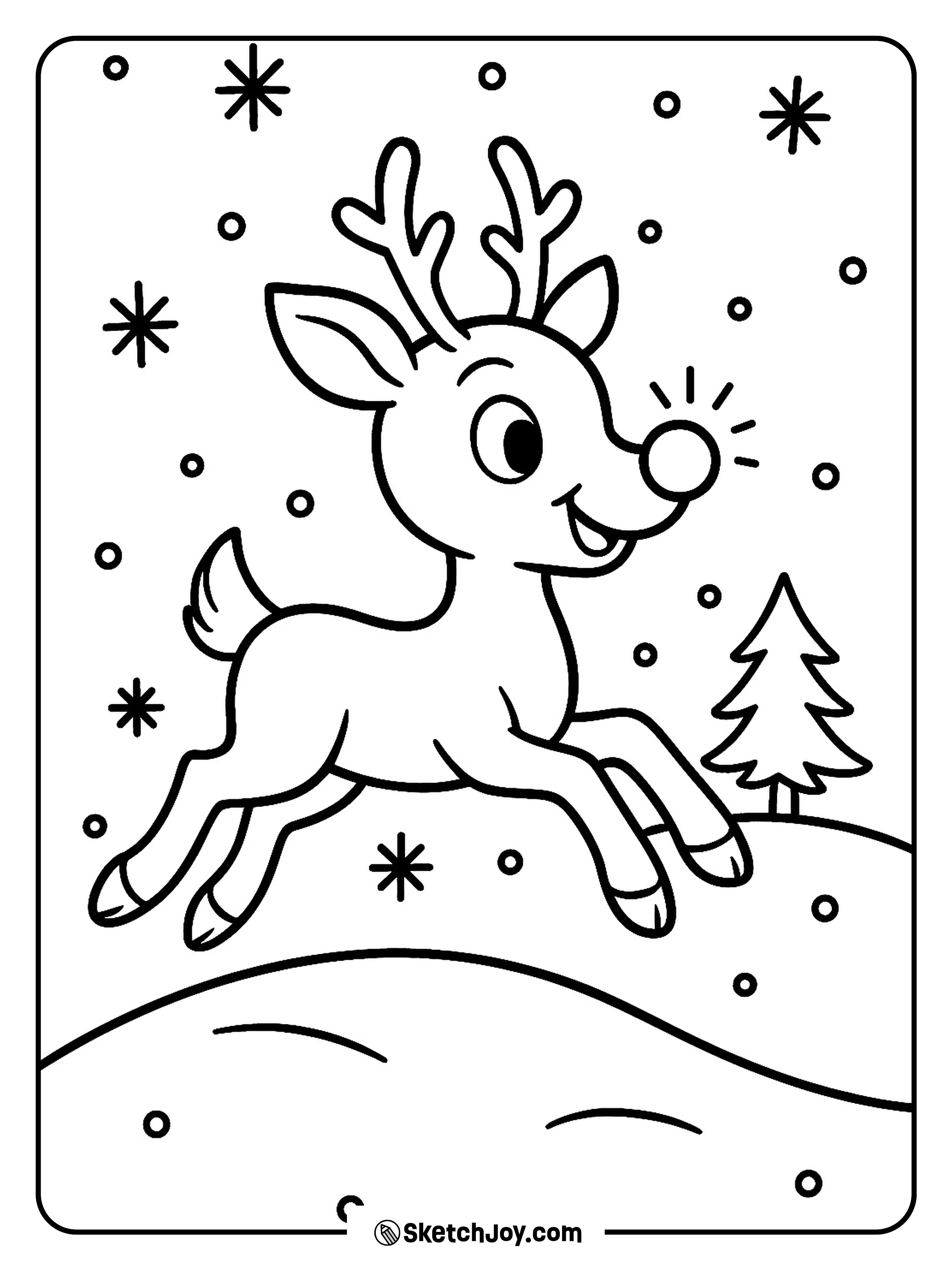 Rudolph runs happily through soft falling snow with his nose shining.