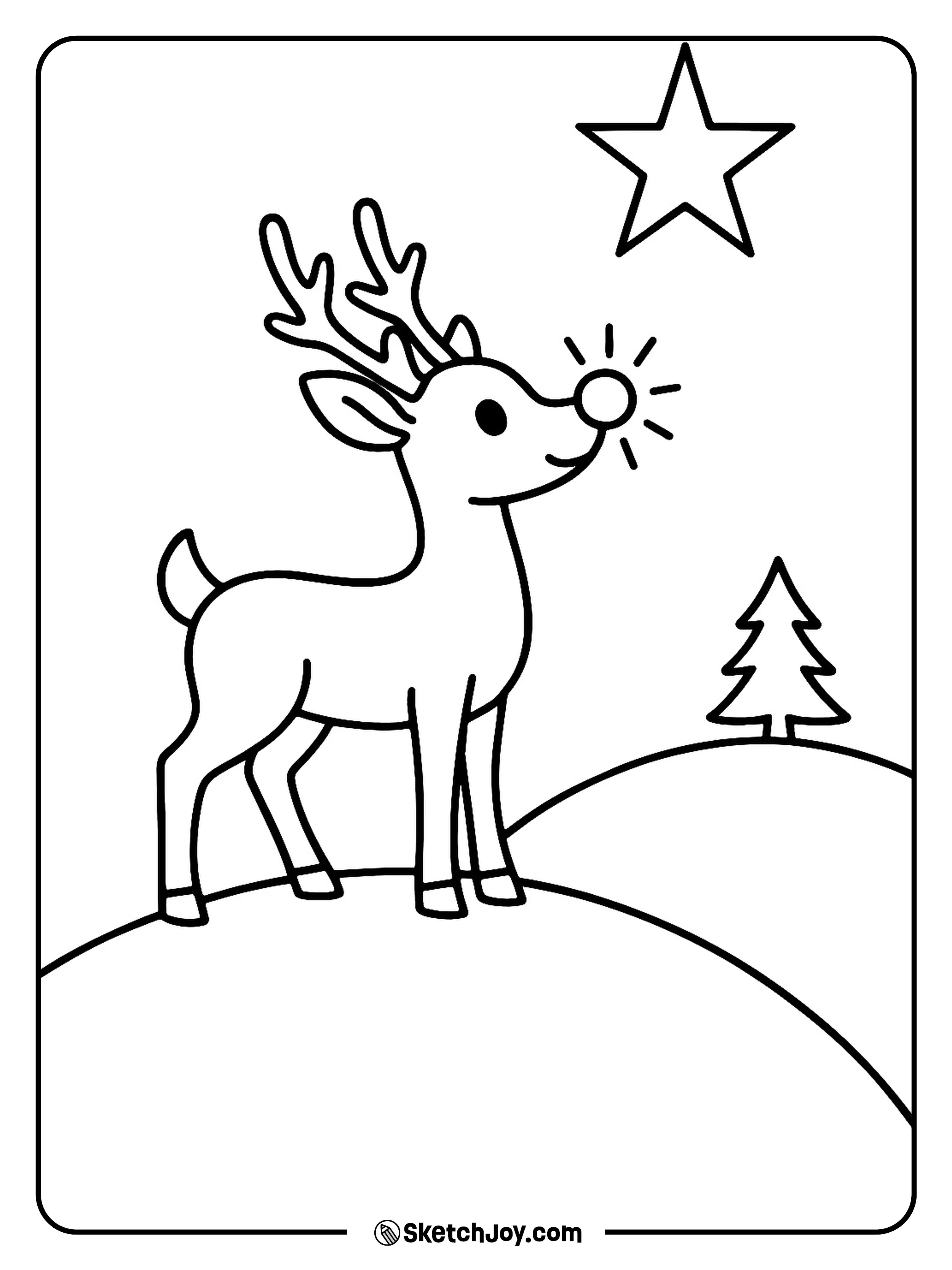 Rudolph stands on a snowy hill with another hill and fir tree behind.