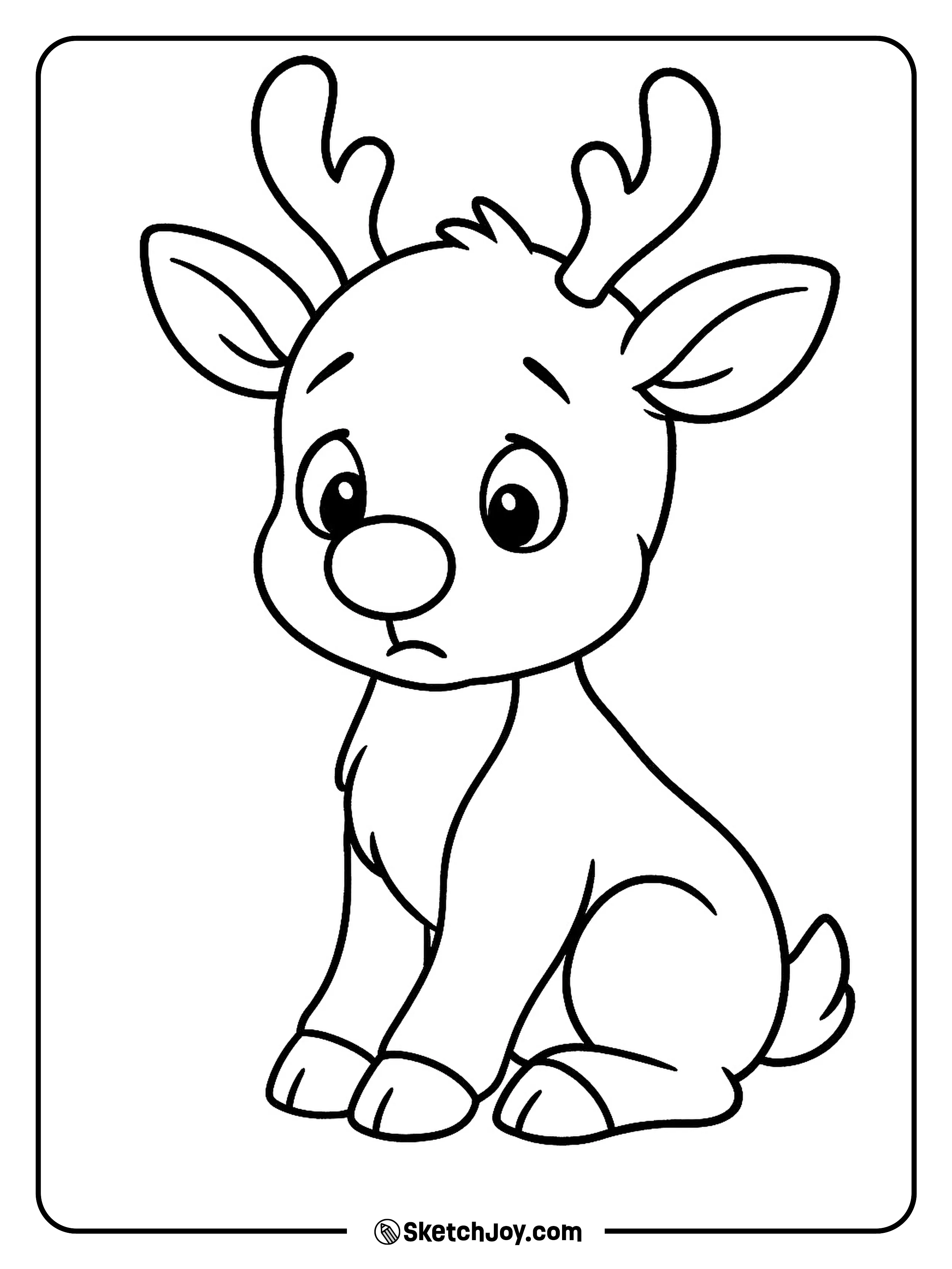 Rudolph sits with legs tucked in and a shy smile on his face.