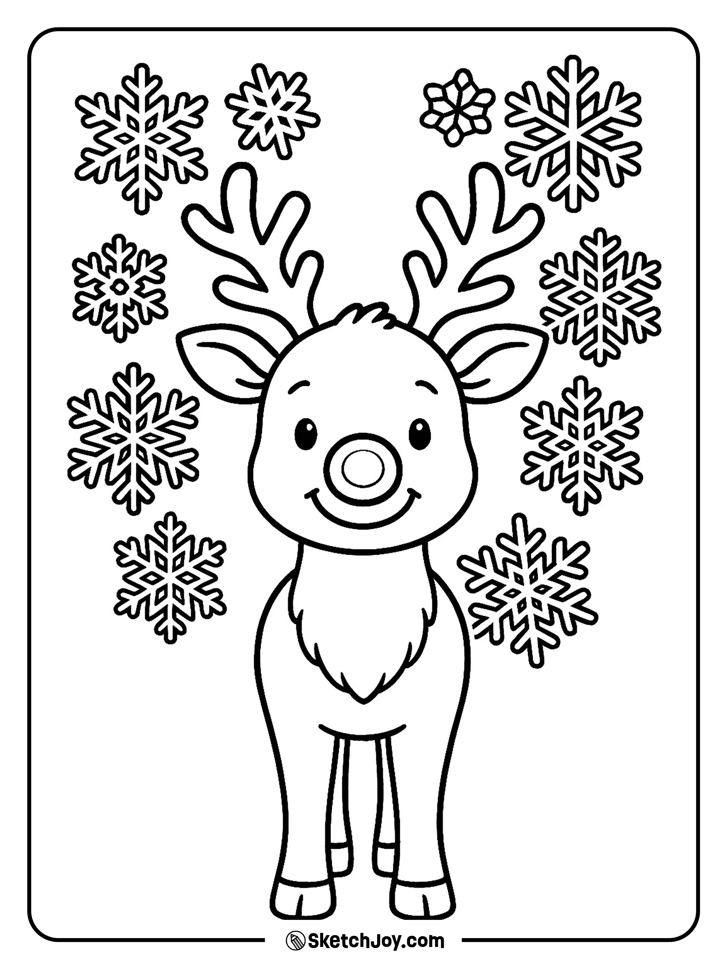 Rudolph stands in the center while big snowflakes fall all around.