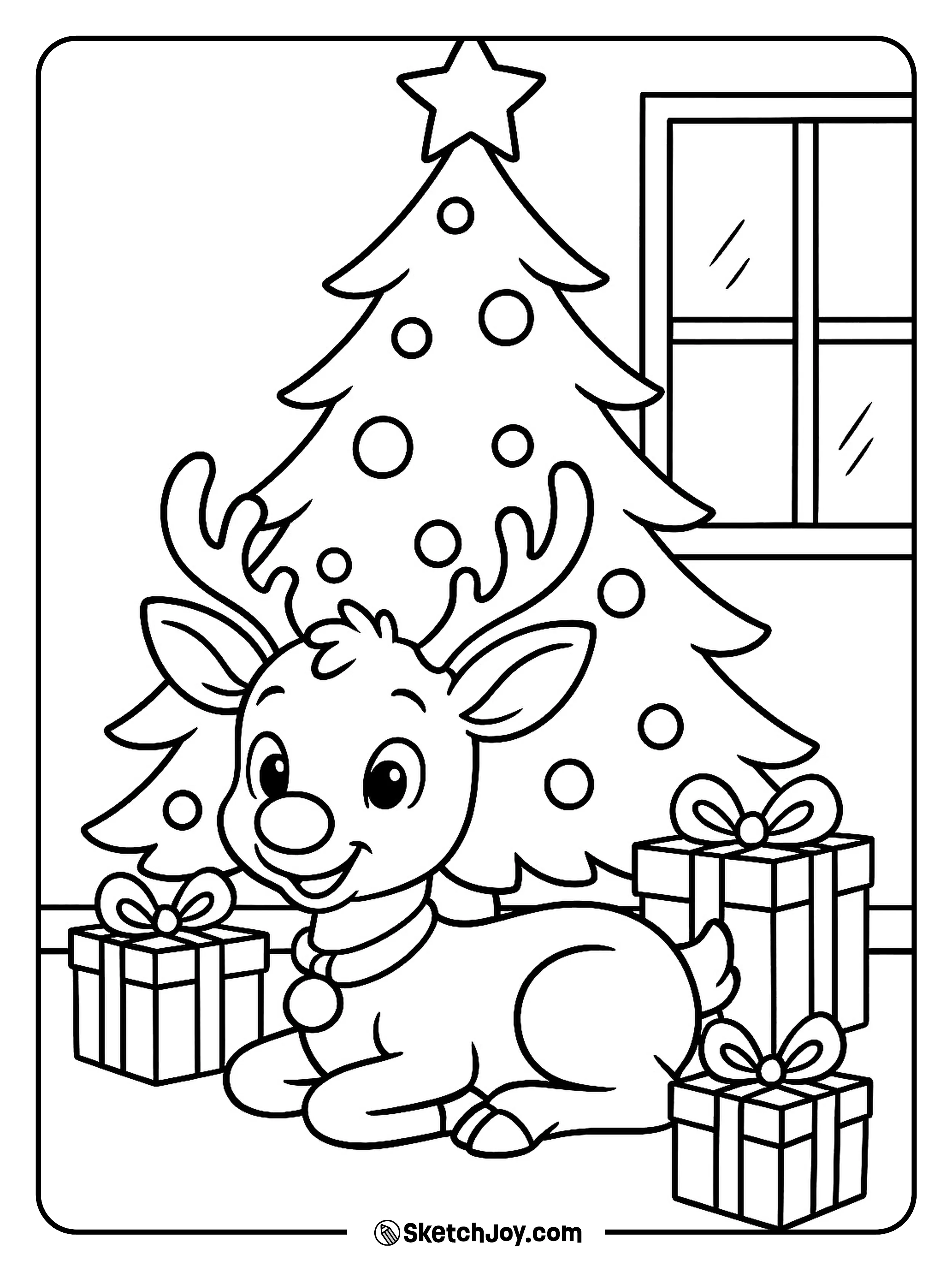 Rudolph rests under a big Christmas tree with wrapped gifts.