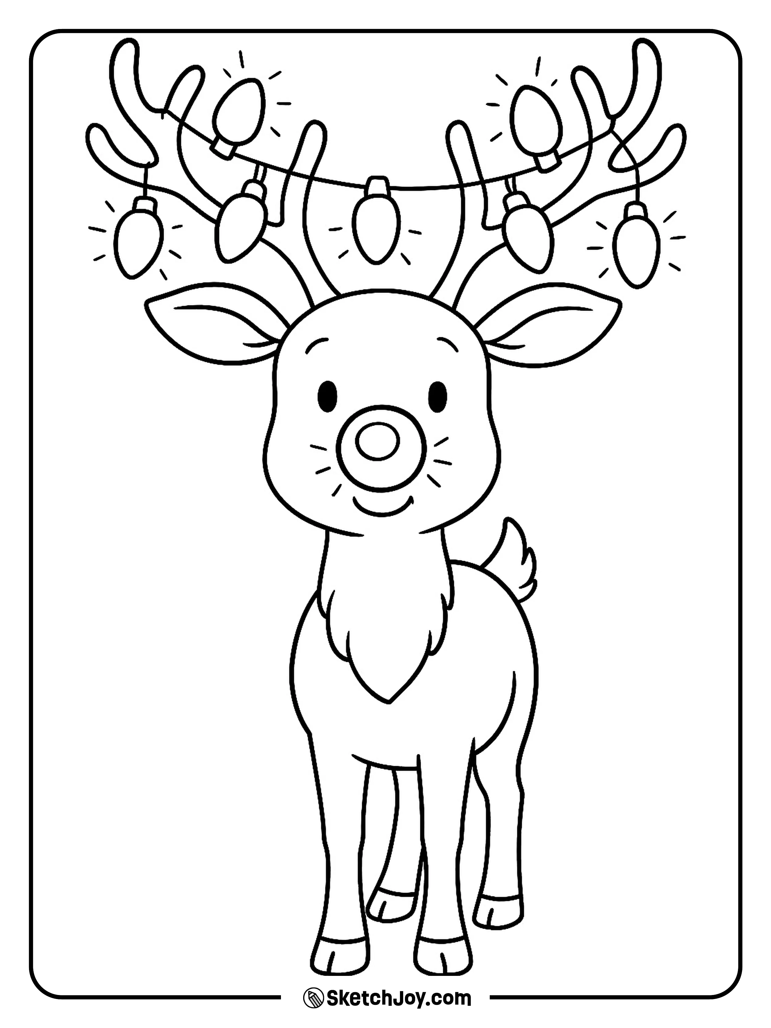 Rudolph giggles as simple string lights hang from his antlers.