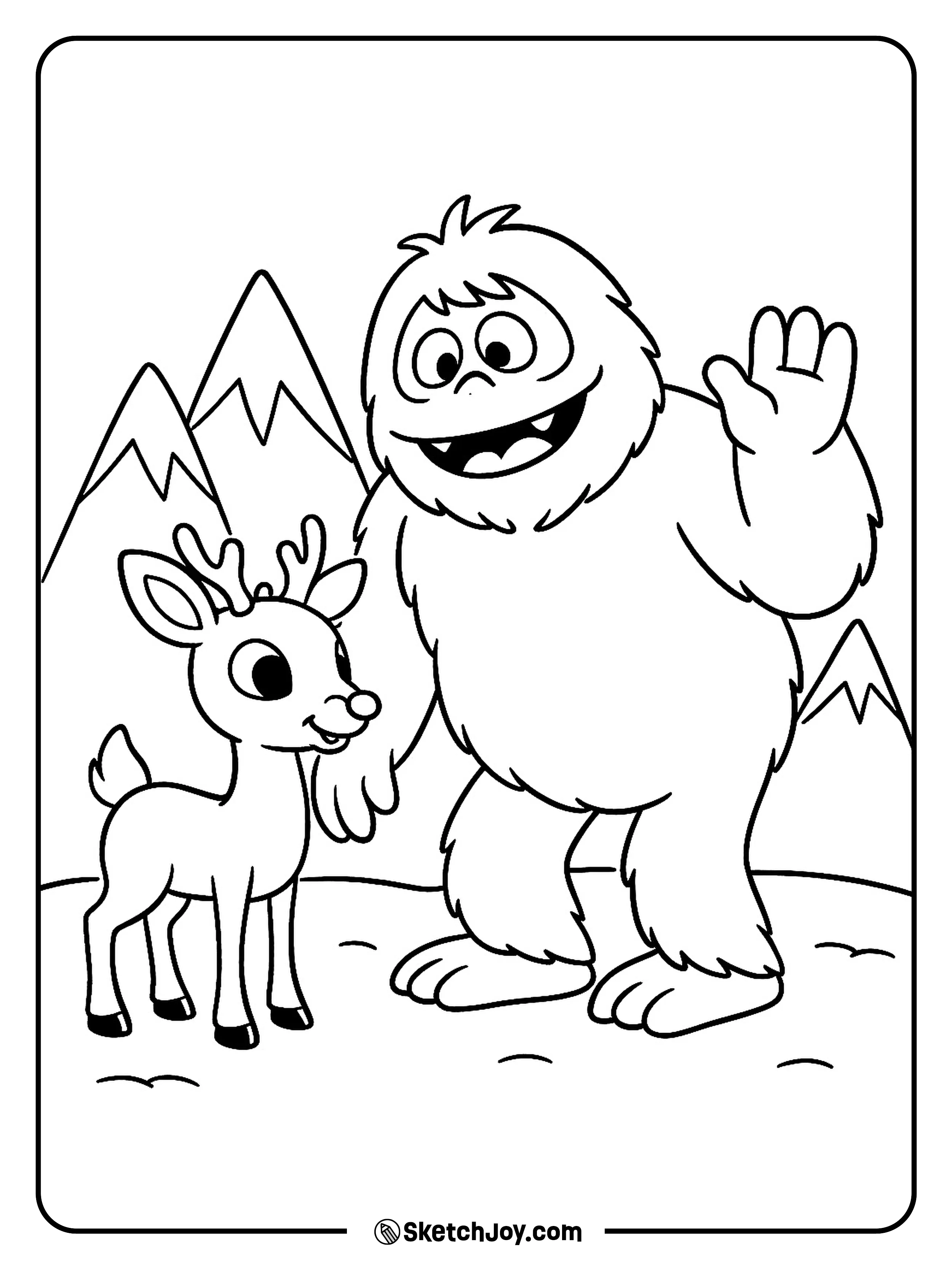 Rudolph smiles as Bumble the Abominable Snow Monster waves in a gentle way.
