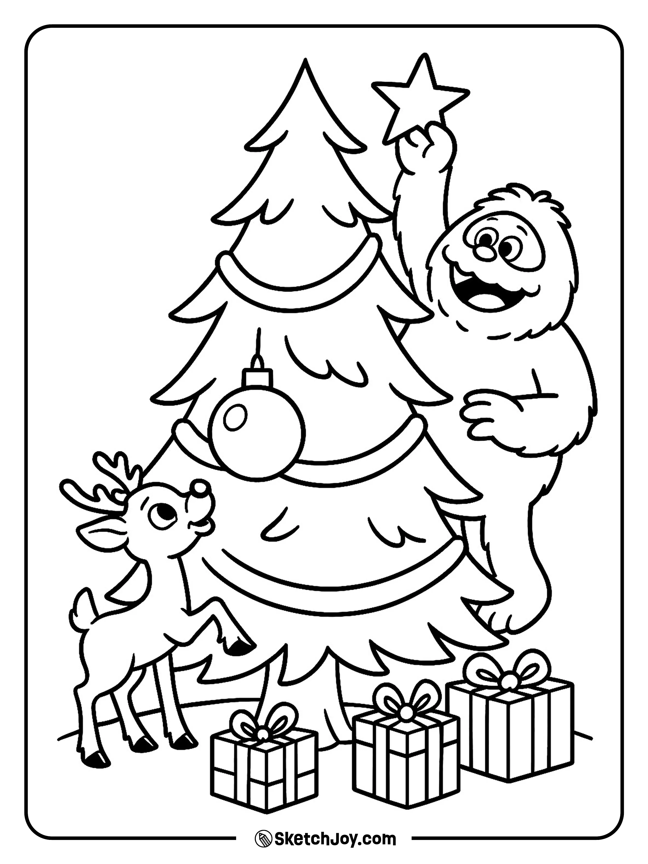 Rudolph and a gentle Bumble work together to decorate a tall tree.