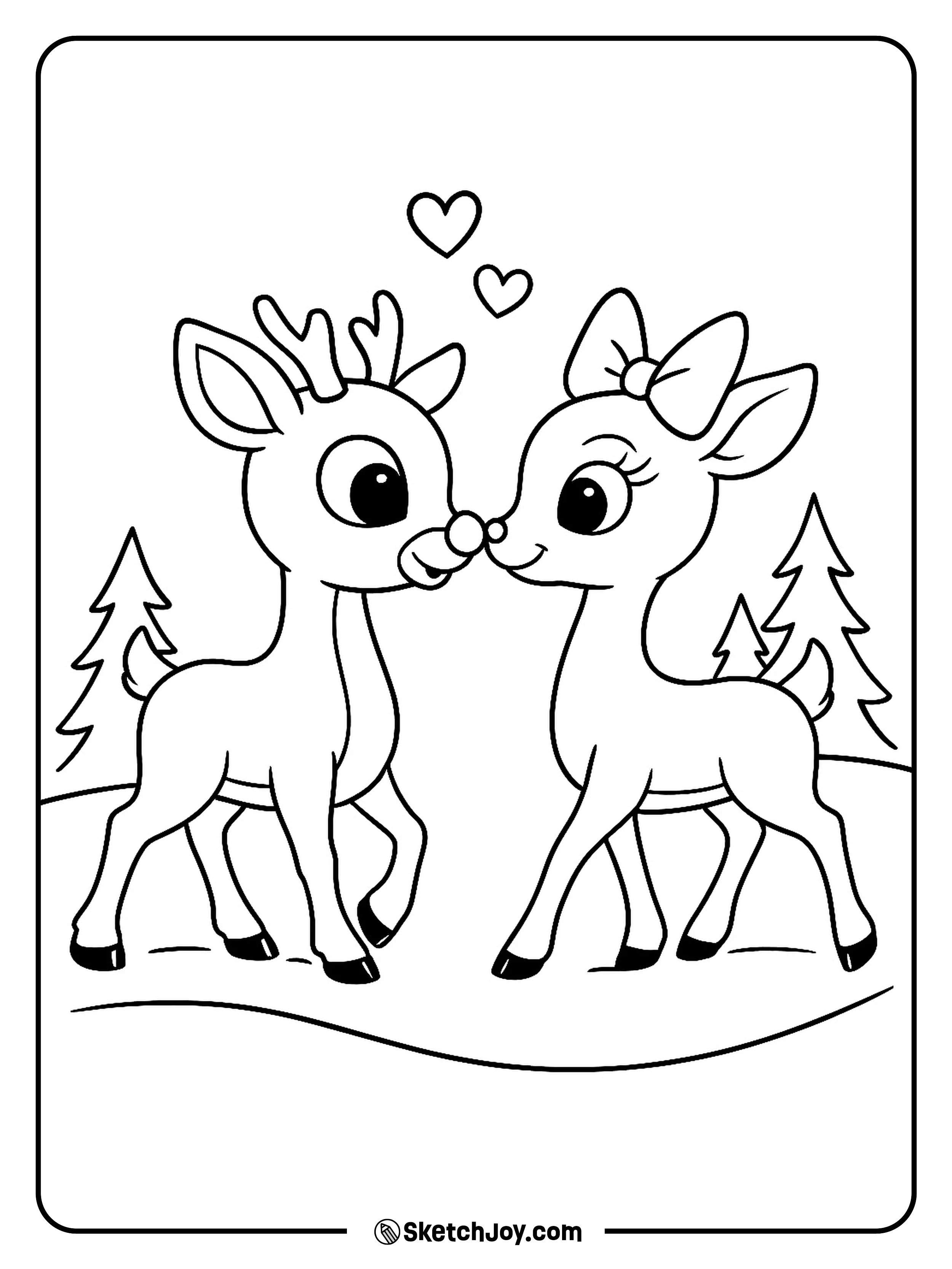 Rudolph and Clarice walk side by side on a snowy path.