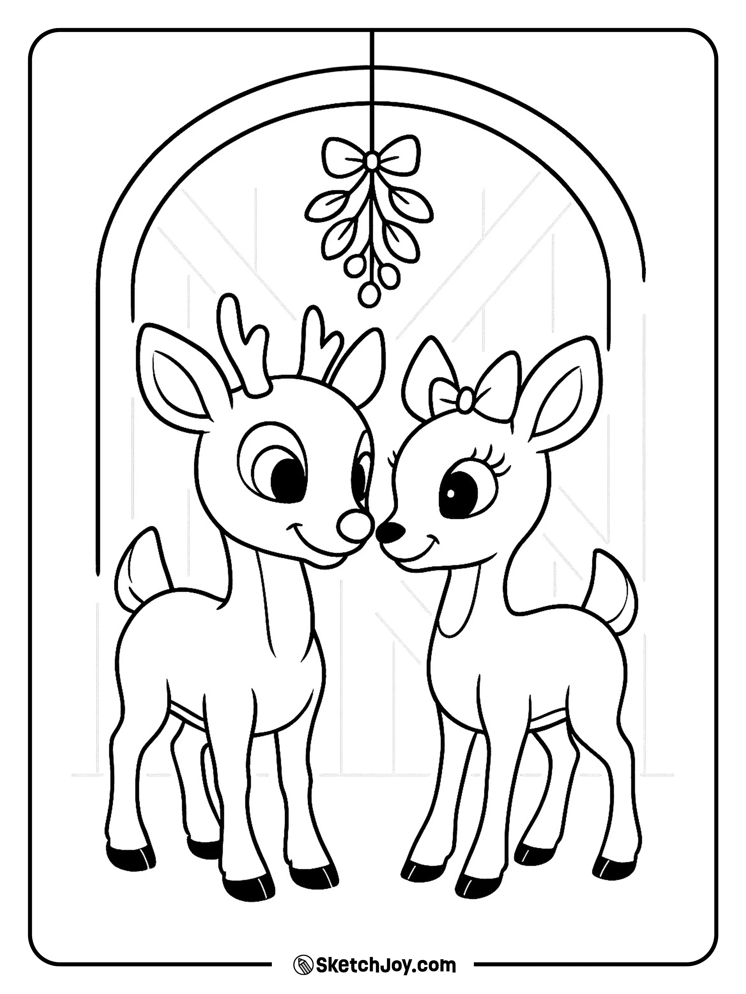 Rudolph and Clarice shyly look at each other under hanging mistletoe.